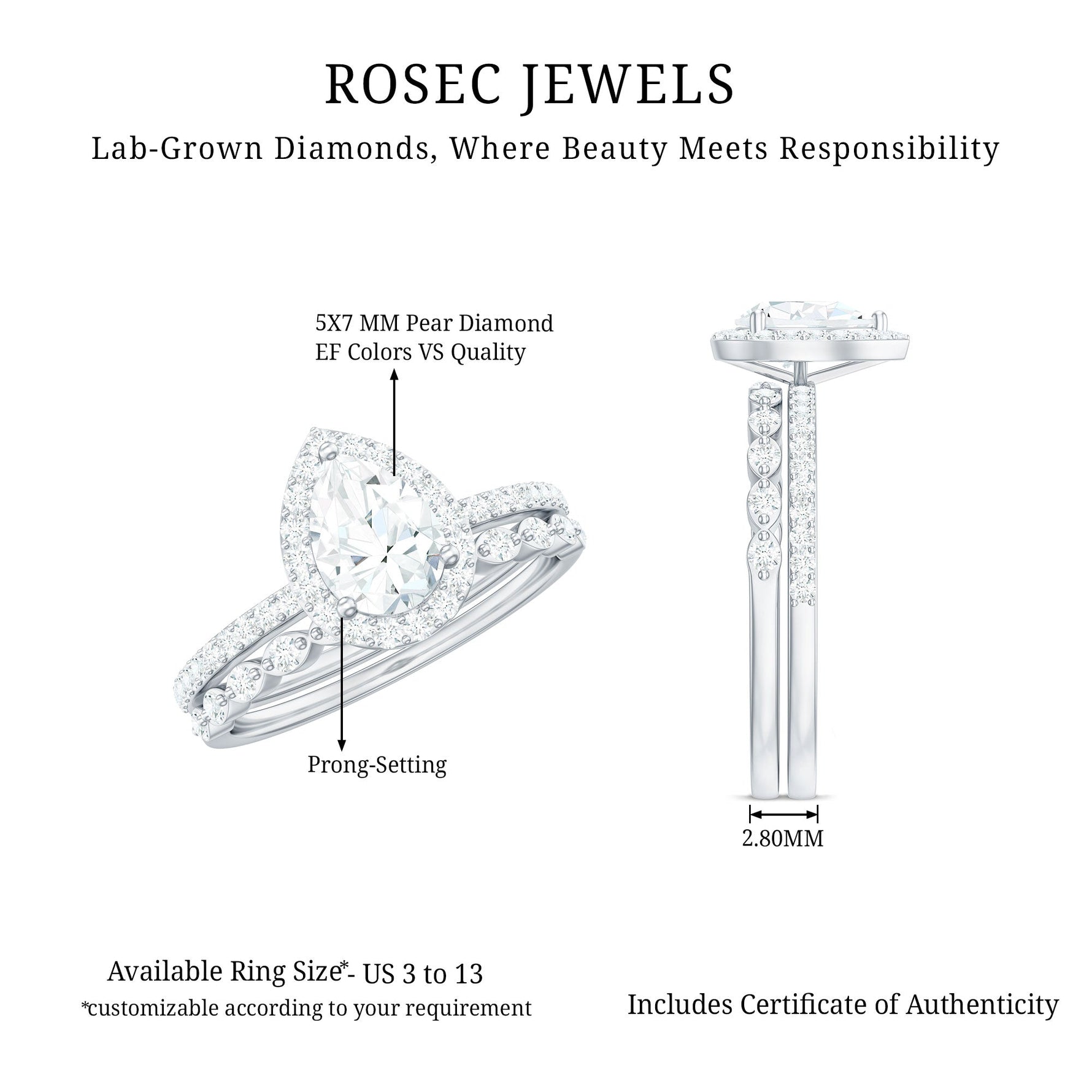 Lab Created Diamond Teardrop Engagement Ring With Stackable Band
