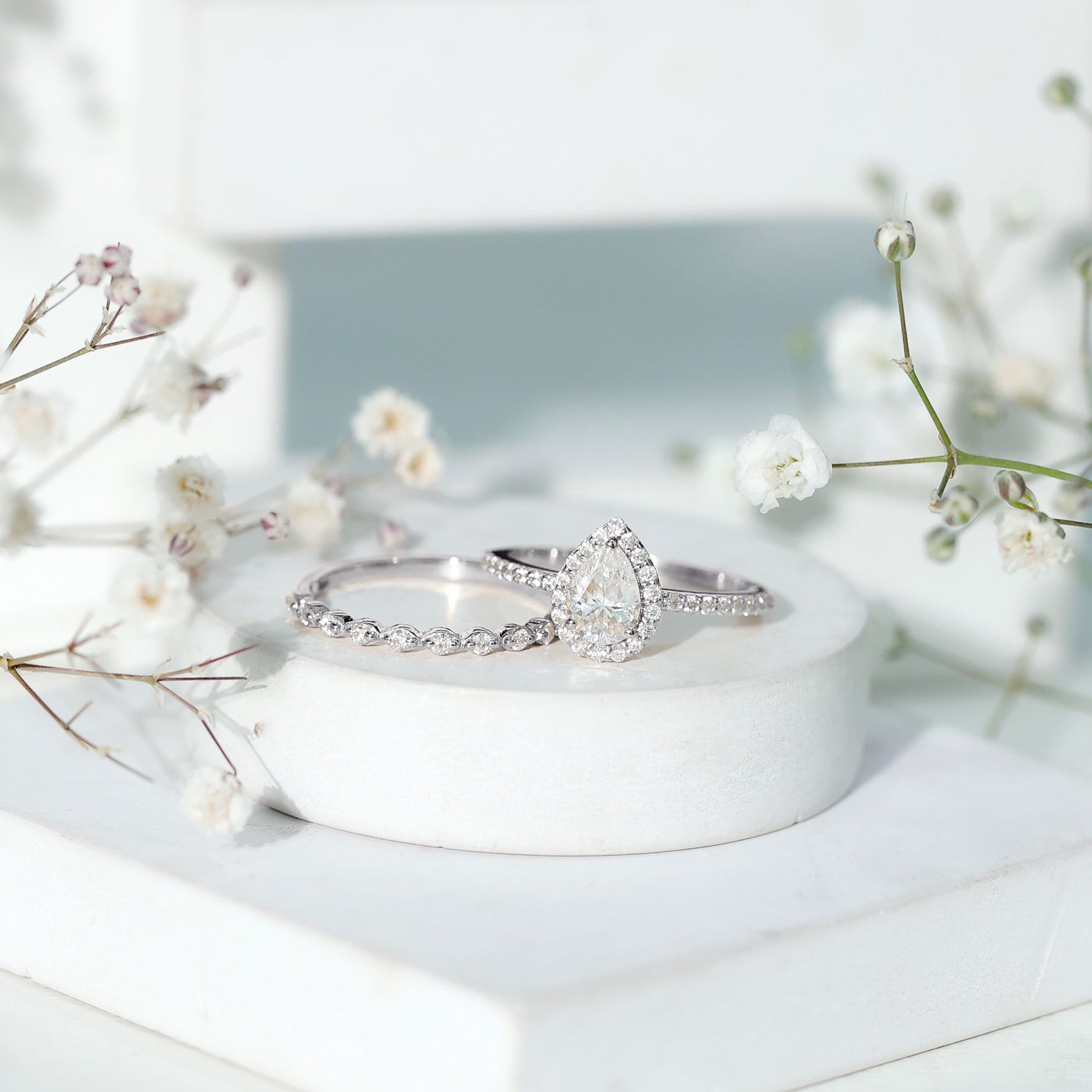 Lab Created Diamond Teardrop Engagement Ring With Stackable Band