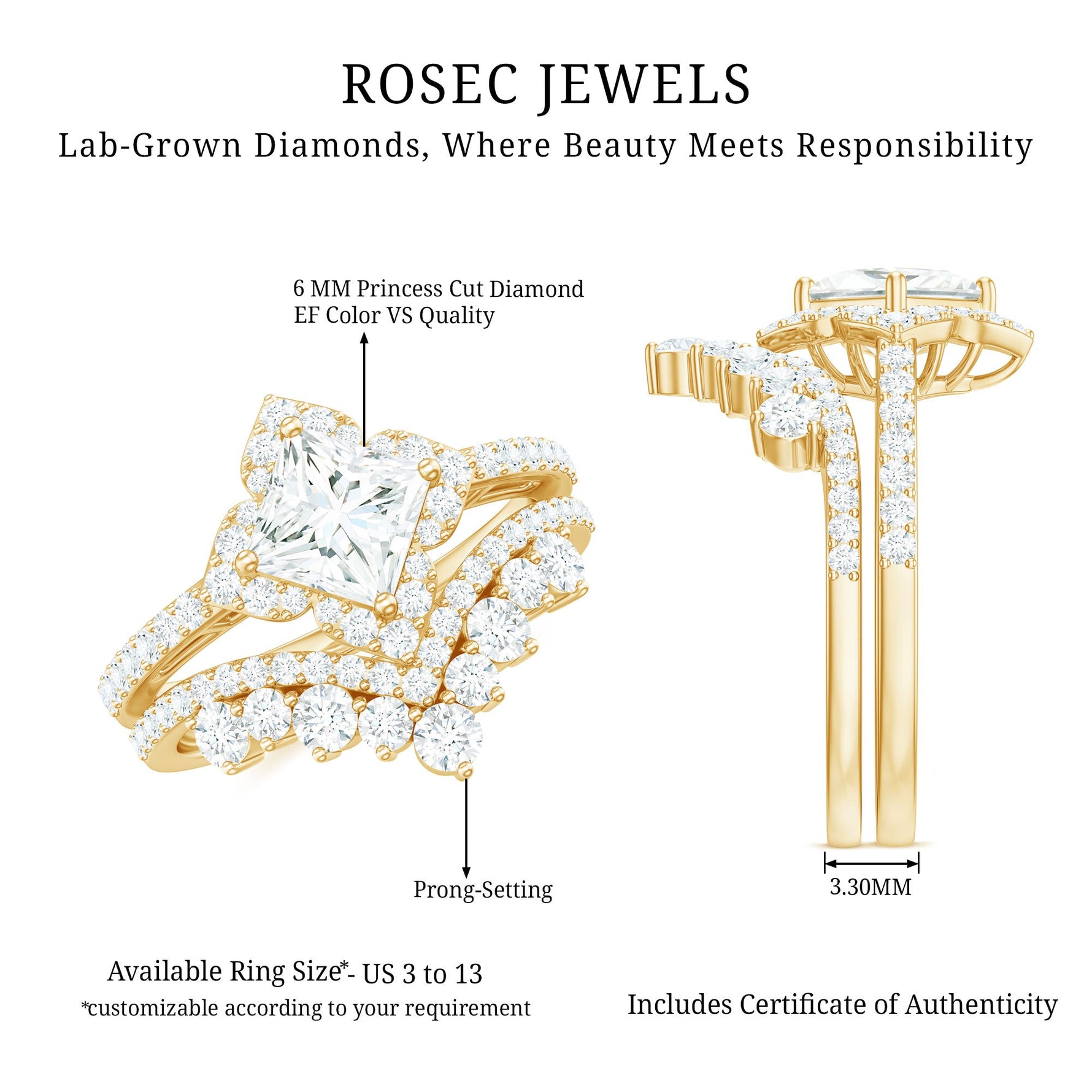 6 MM Princess Cut Lab Grown Diamond Designer Bridal Ring Set