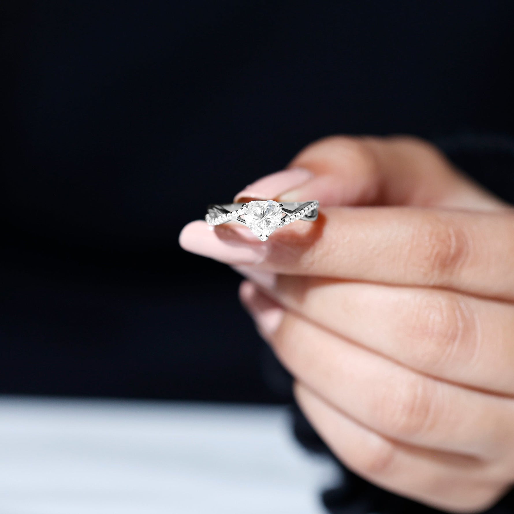 Lab Created Diamond Heart Crossover Engagement Ring