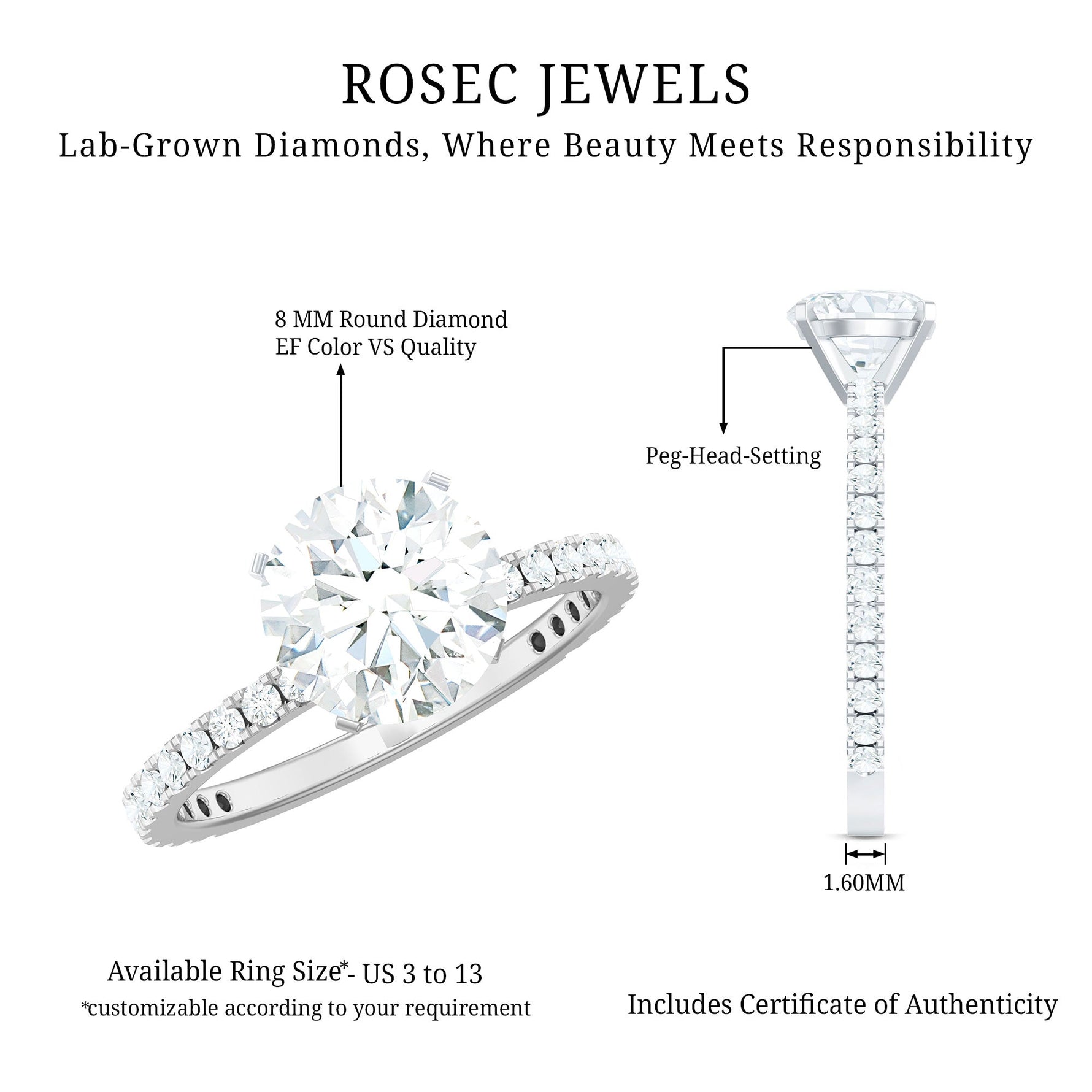 Brilliant Cut 8 MM Lab Grown Diamond Solitaire Engagement Ring