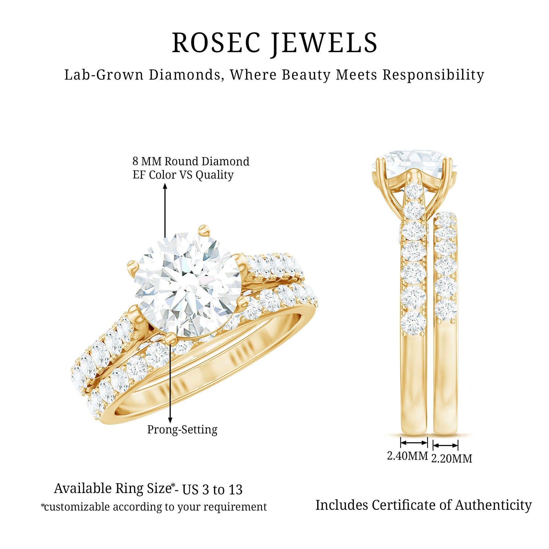 Certified 8 mm Round Lab Grown Diamond Wedding Engagement Ring Set