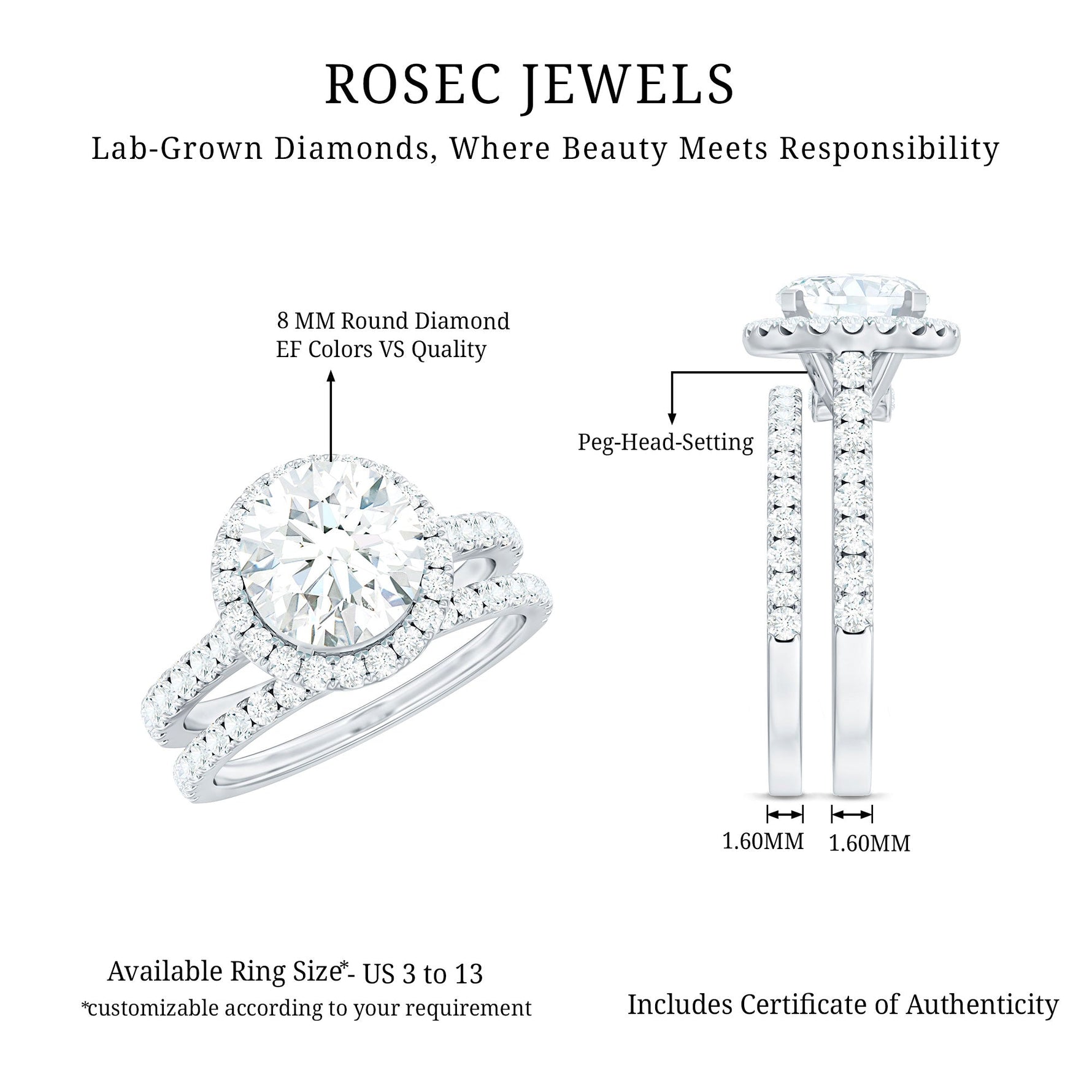 Certified Lab Grown Diamond Halo Ring With Wedding Band