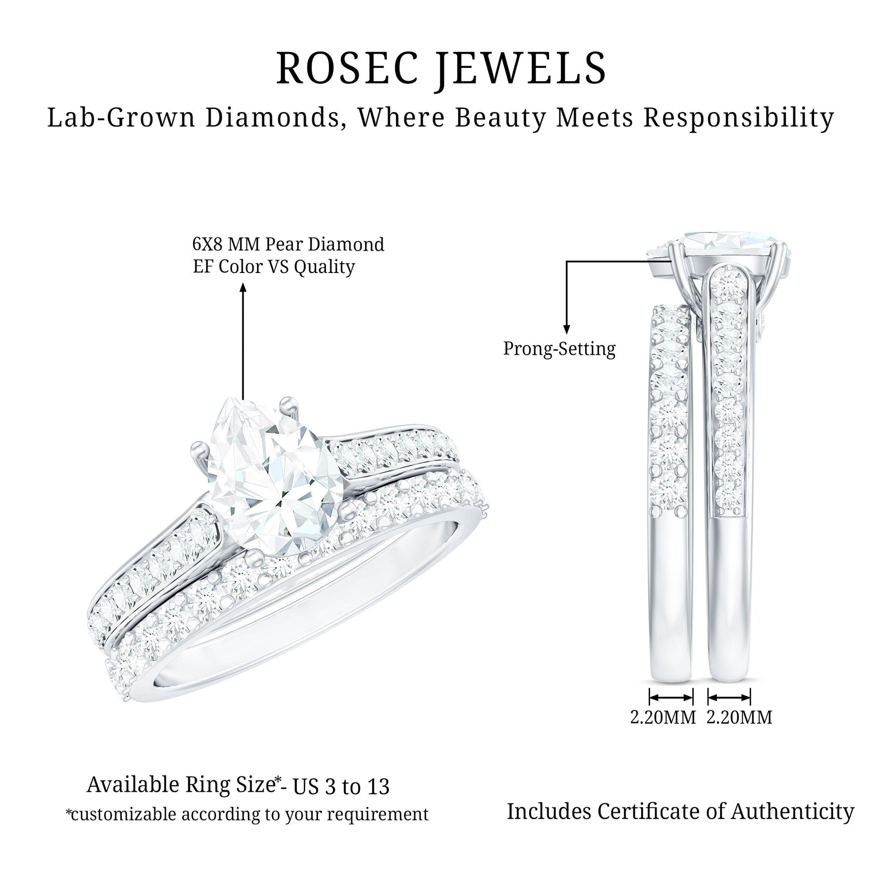 Pear Cut 6X8 MM Lab Grown Diamond Marriage Ring Set for Women