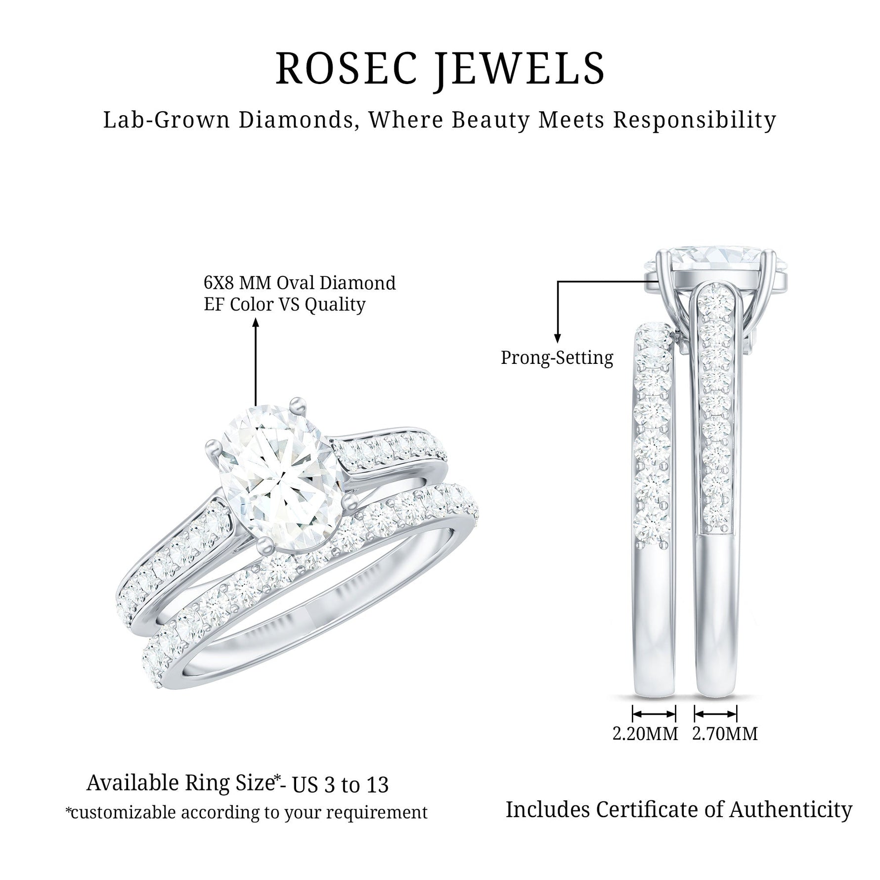 6X8 MM Oval Lab Created Diamond Solitaire Engagement Ring Set for Women