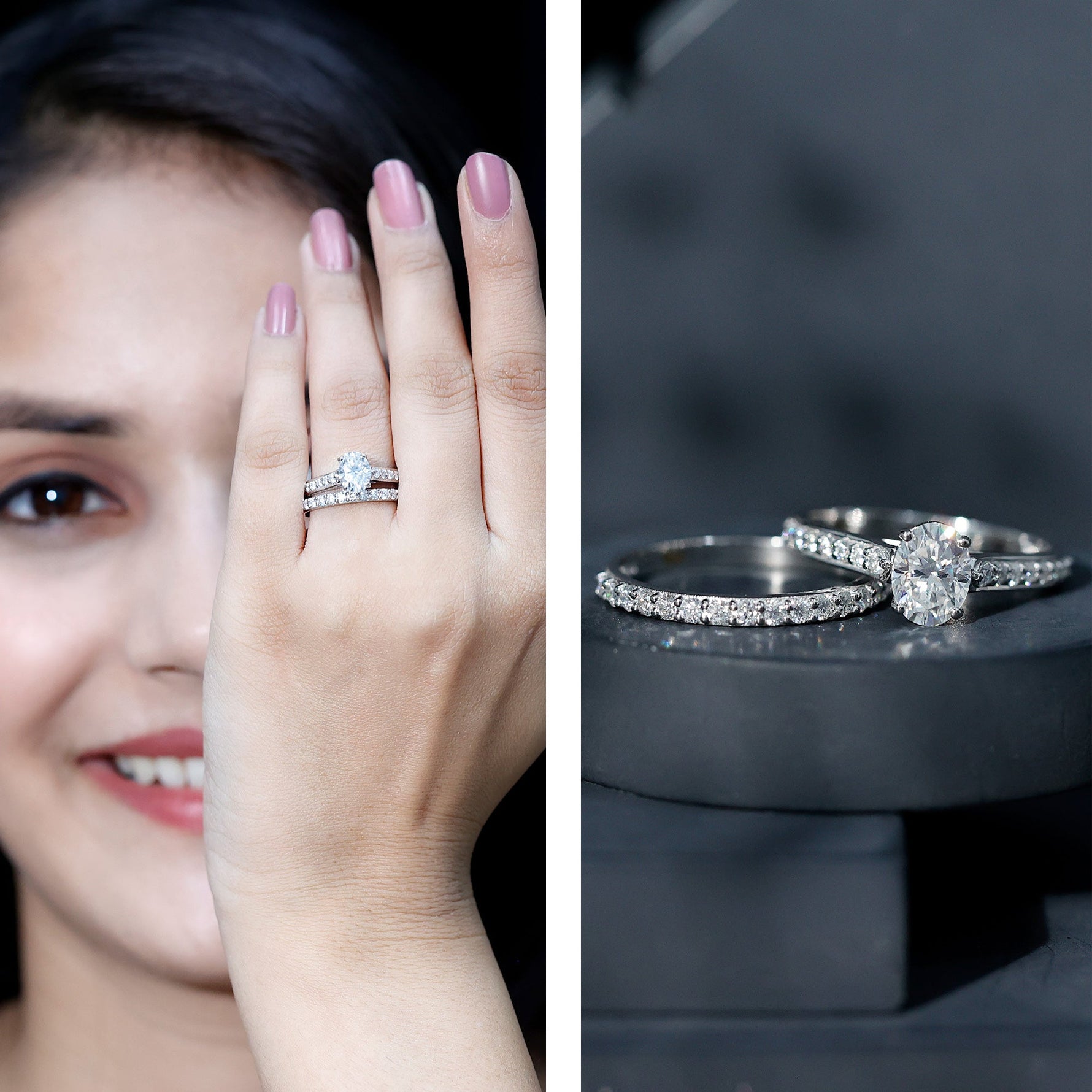 6X8 MM Oval Lab Created Diamond Solitaire Engagement Ring Set for Women