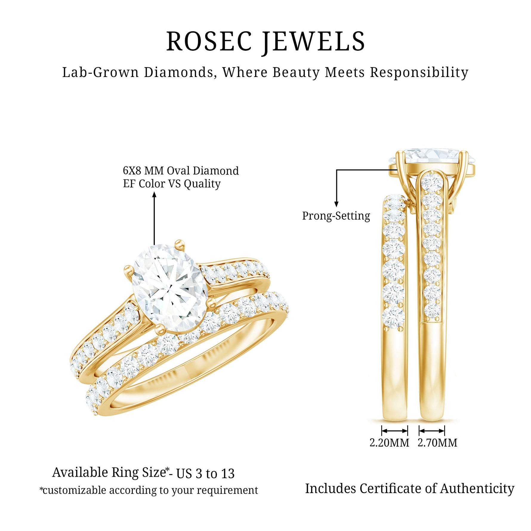 6X8 MM Oval Lab Created Diamond Solitaire Engagement Ring Set for Women