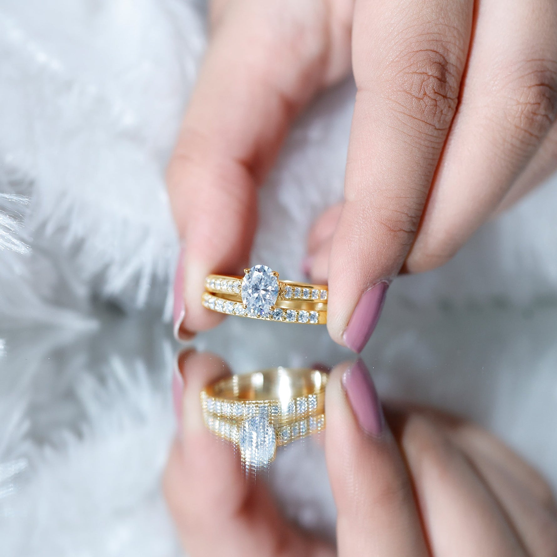 6X8 MM Oval Lab Created Diamond Solitaire Engagement Ring Set for Women