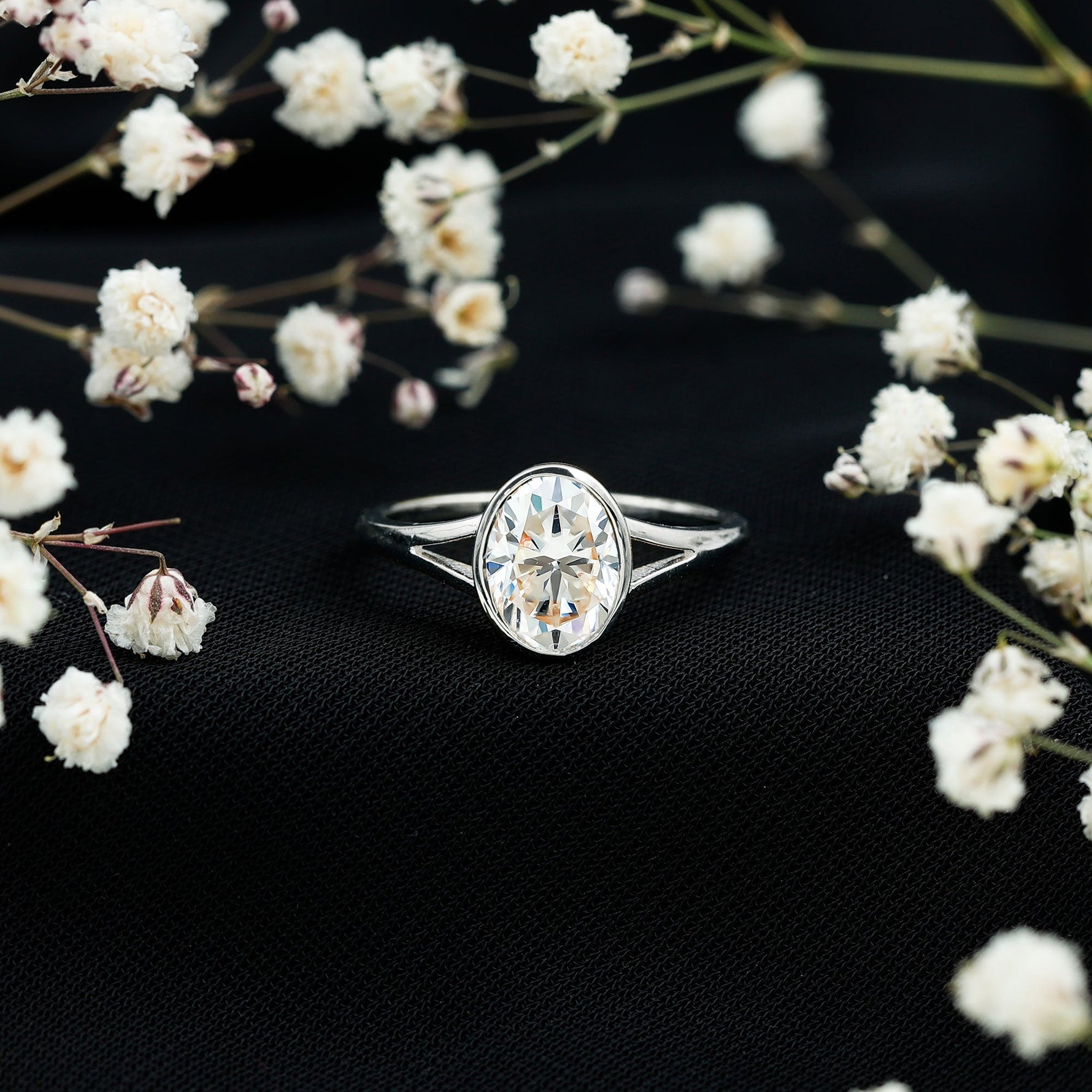 Bezel Set Oval Lab Created Diamond Solitaire Ring For Women