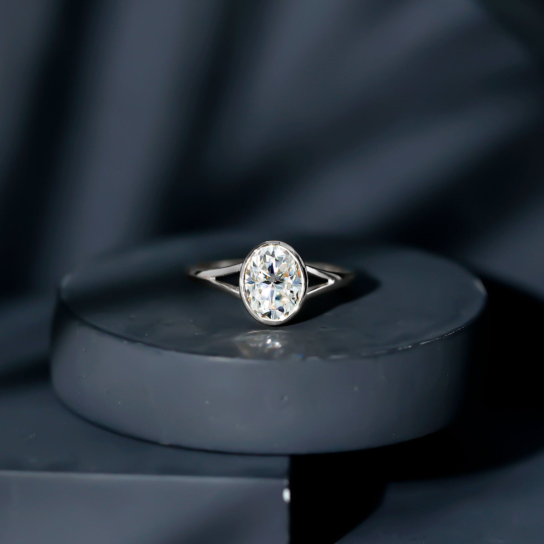 Bezel Set Oval Lab Created Diamond Solitaire Ring For Women