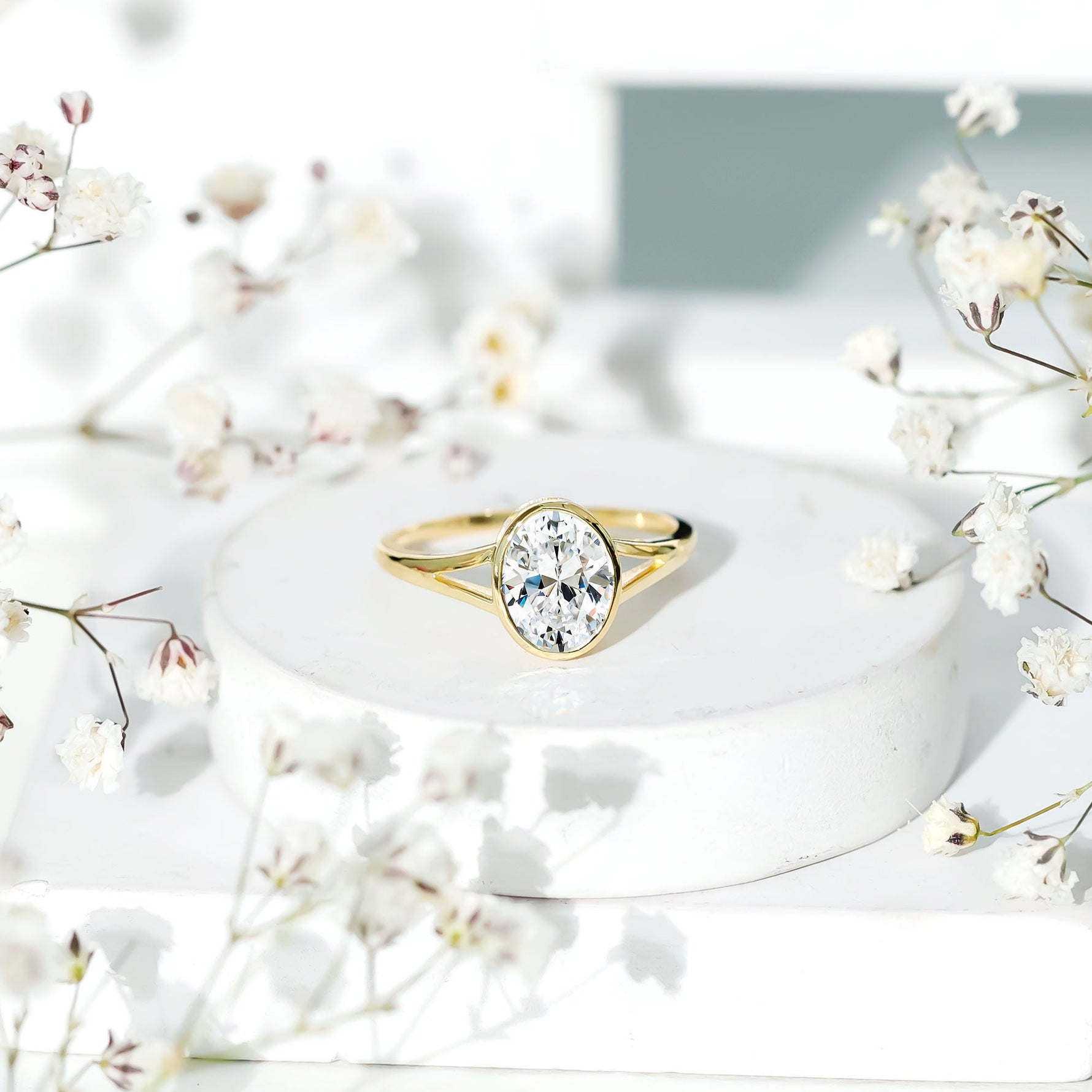 Bezel Set Oval Lab Created Diamond Solitaire Ring For Women