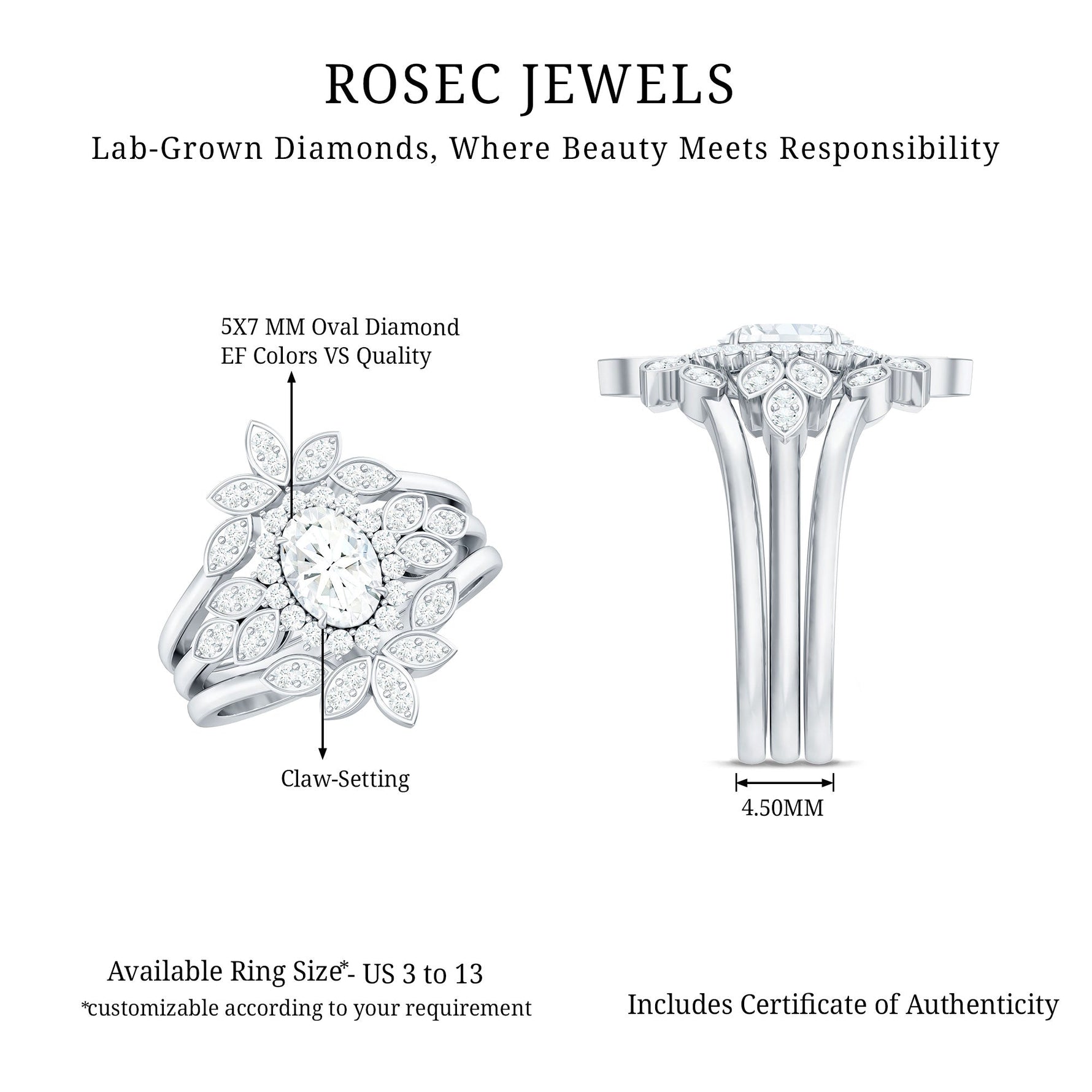 Lab Grown Diamond Vintage Engagement Ring with 2 Wedding Bands