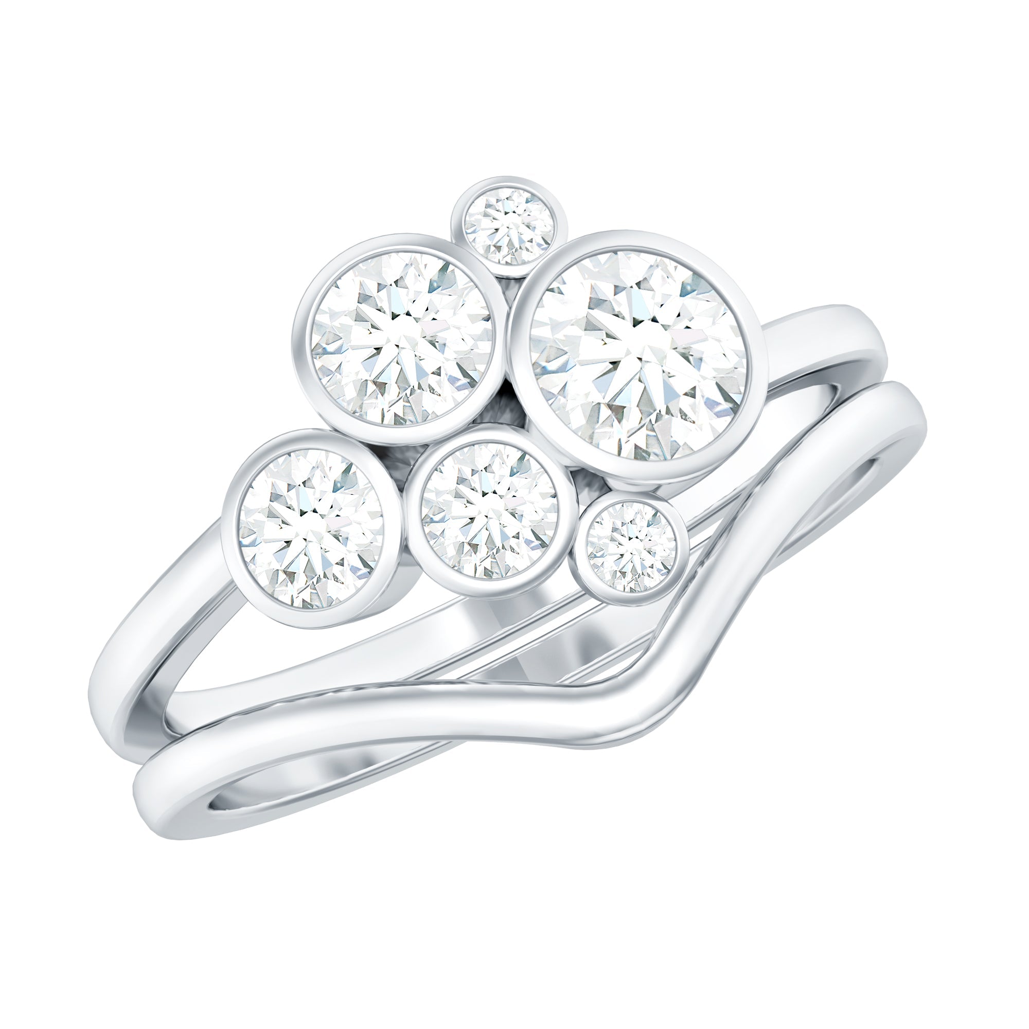 Bezel Set Lab Created Diamond Cluster Wedding Ring Set