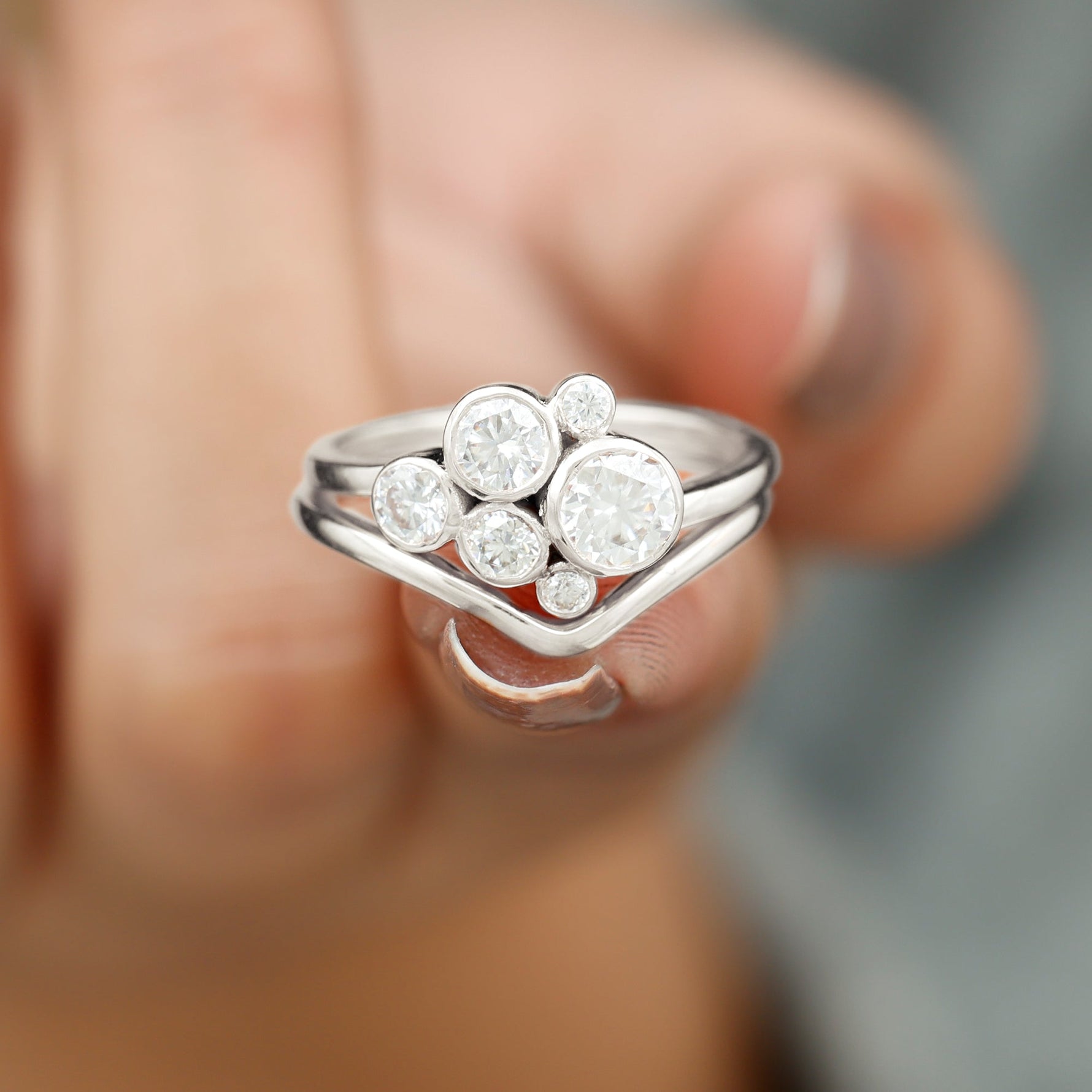 Bezel Set Lab Created Diamond Cluster Wedding Ring Set