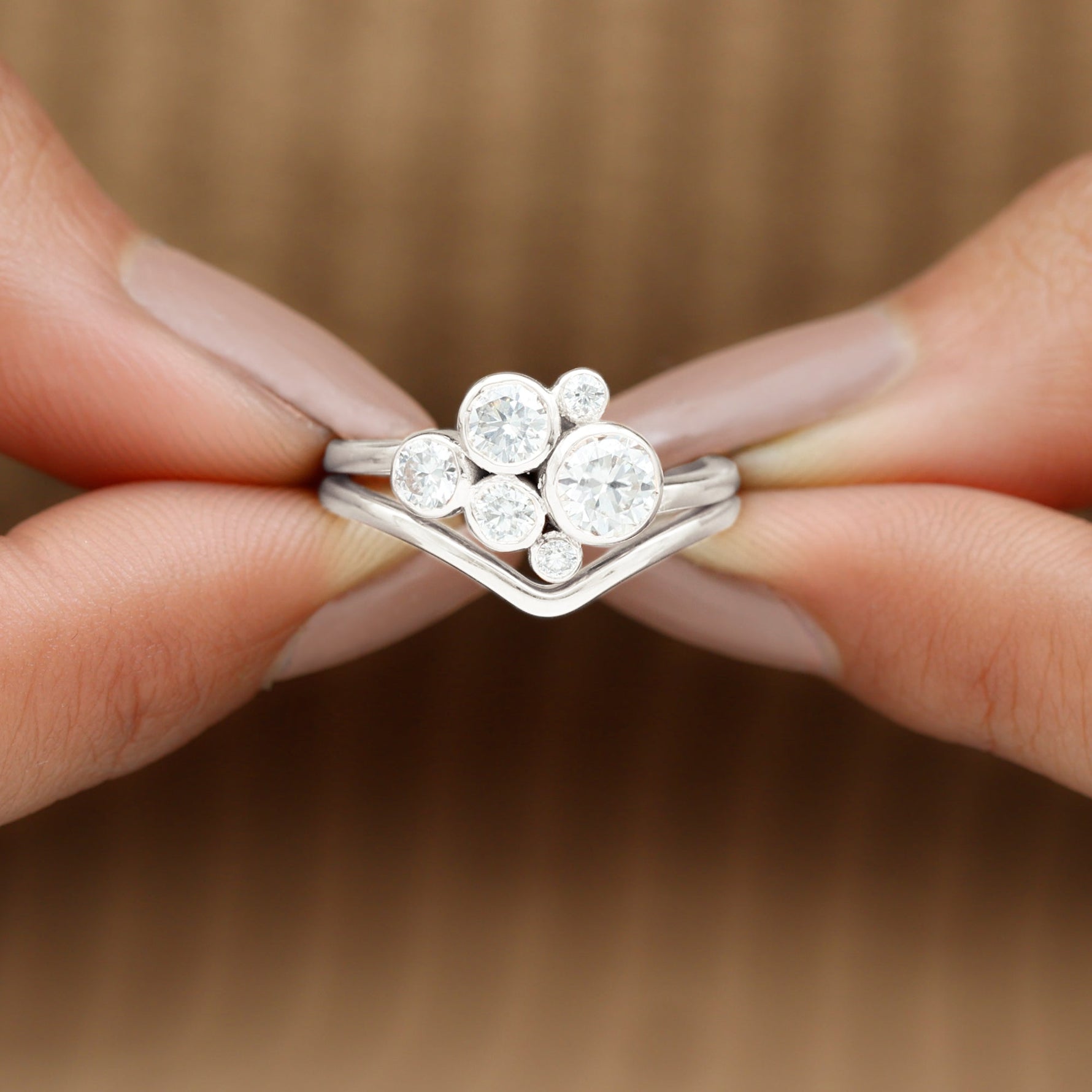 Bezel Set Lab Created Diamond Cluster Wedding Ring Set