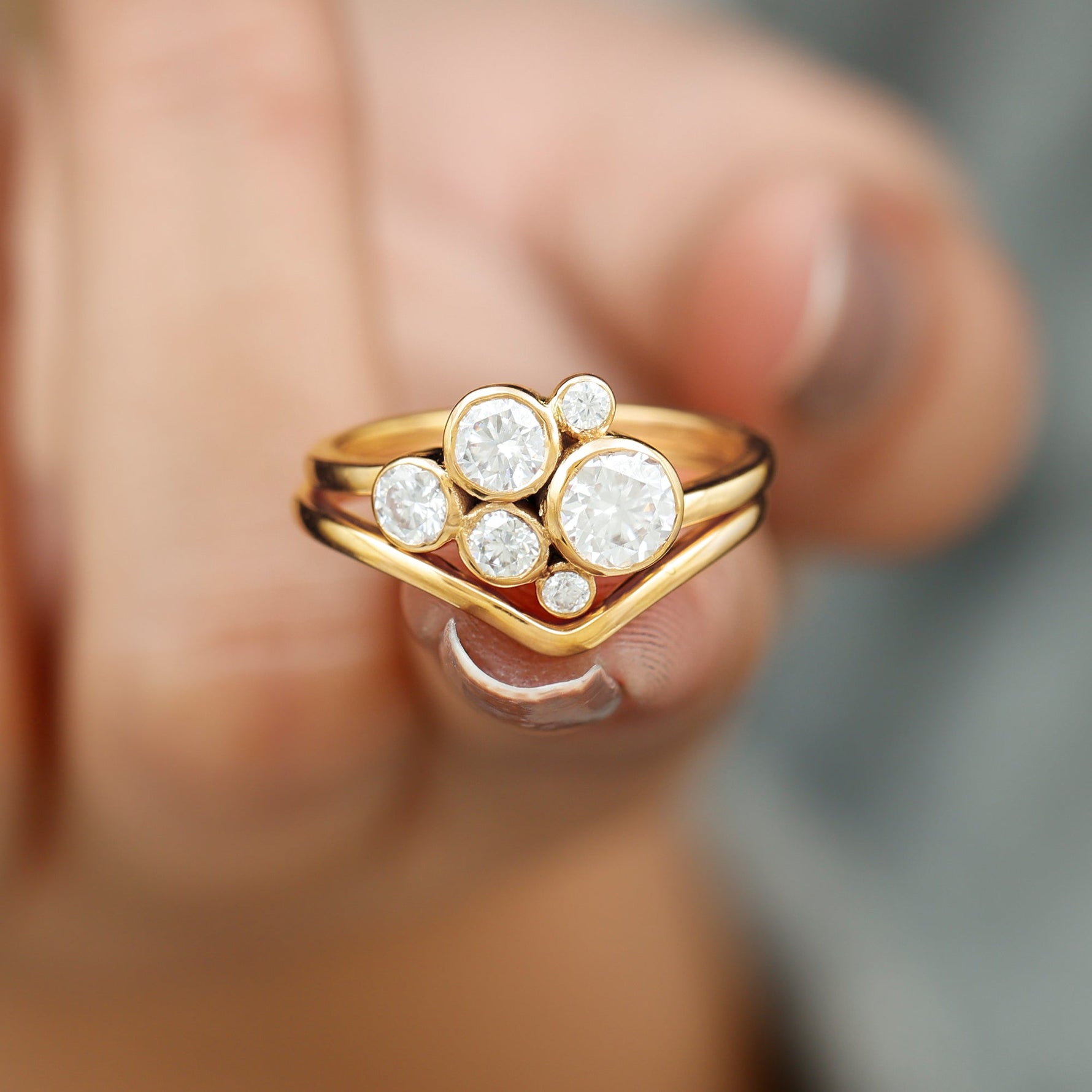 Bezel Set Lab Created Diamond Cluster Wedding Ring Set