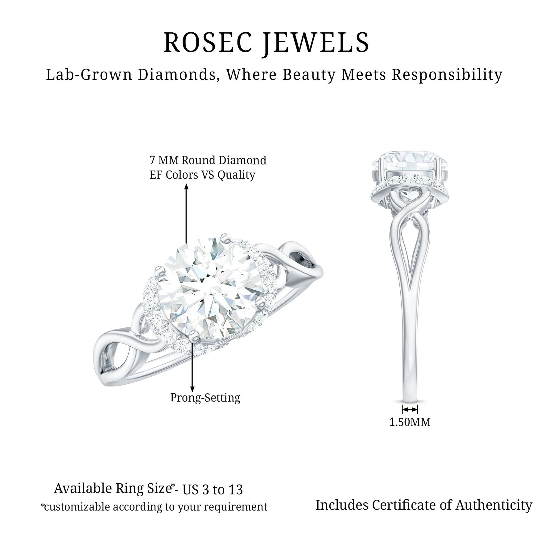 7 MM Round Lab Created Diamond Solitaire Infinity Ring for Her
