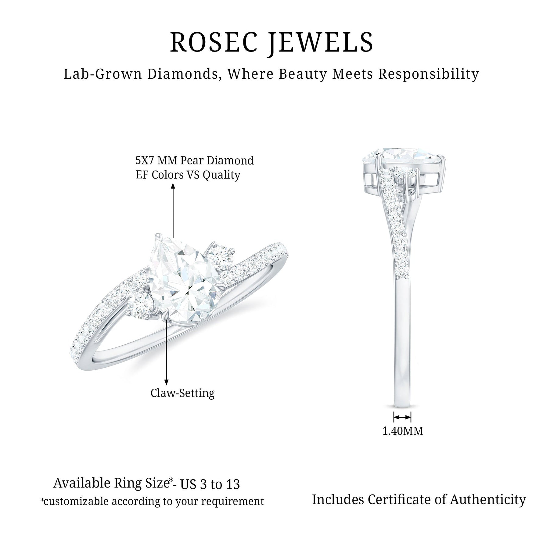 Pear Lab Created Diamond Engagement Bypass Ring for Her