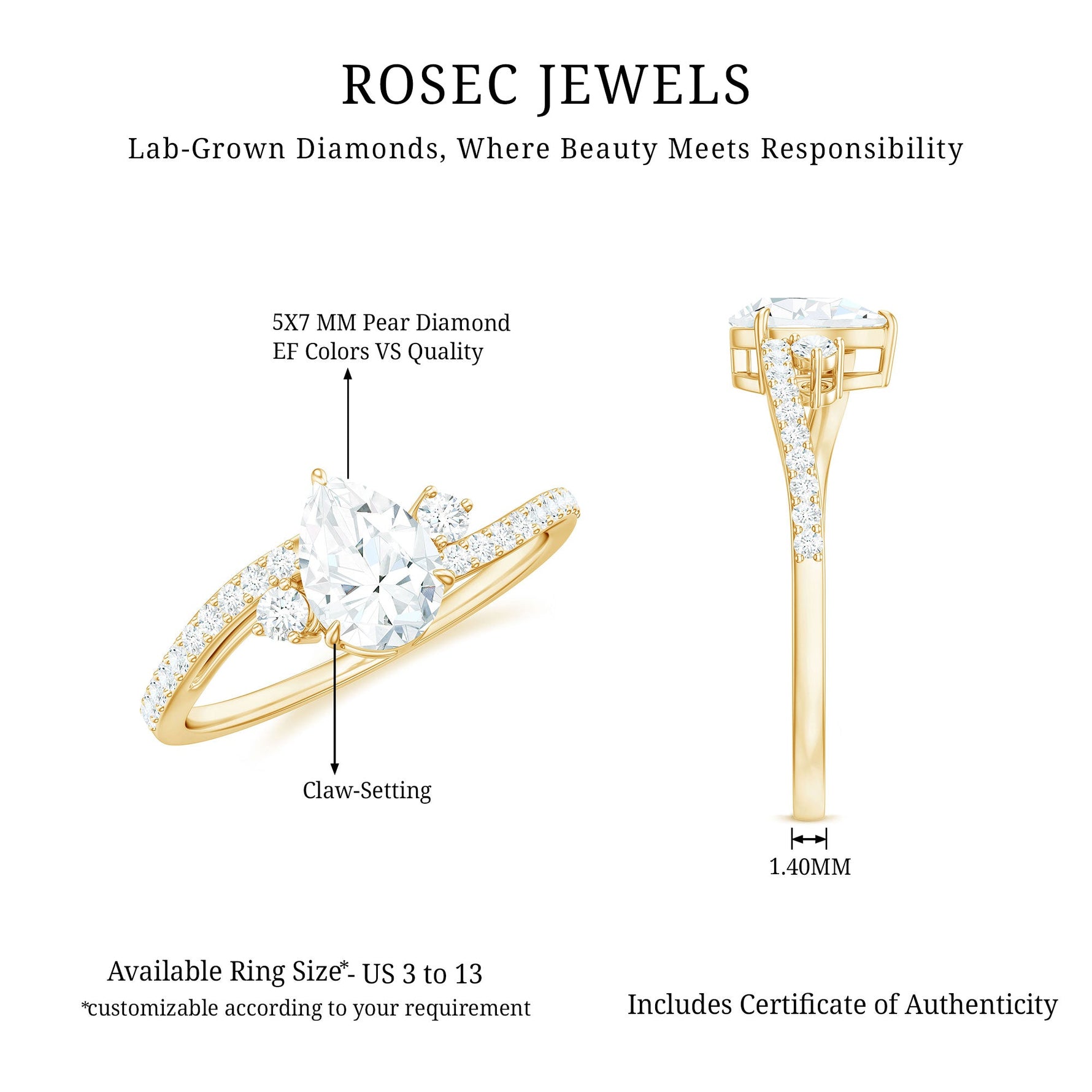 Pear Lab Created Diamond Engagement Bypass Ring for Her