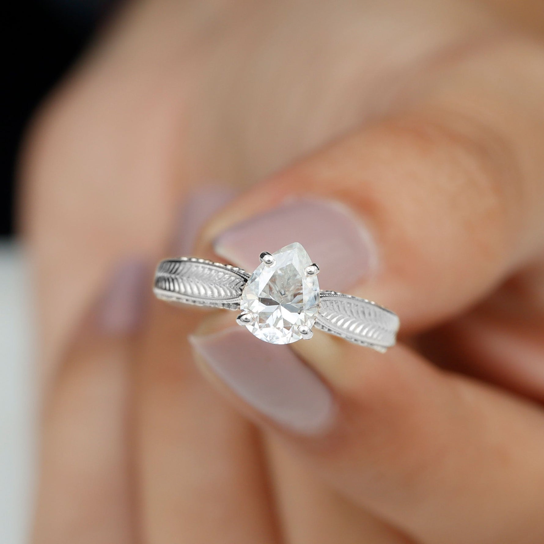 6X8 mm Pear Lab Created Diamond Filigree Engagement Ring