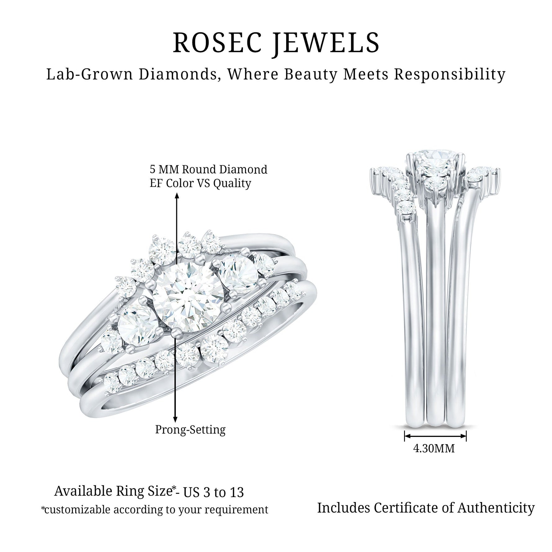 Lab Grown Diamond Trio Wedding Ring Set For Bride