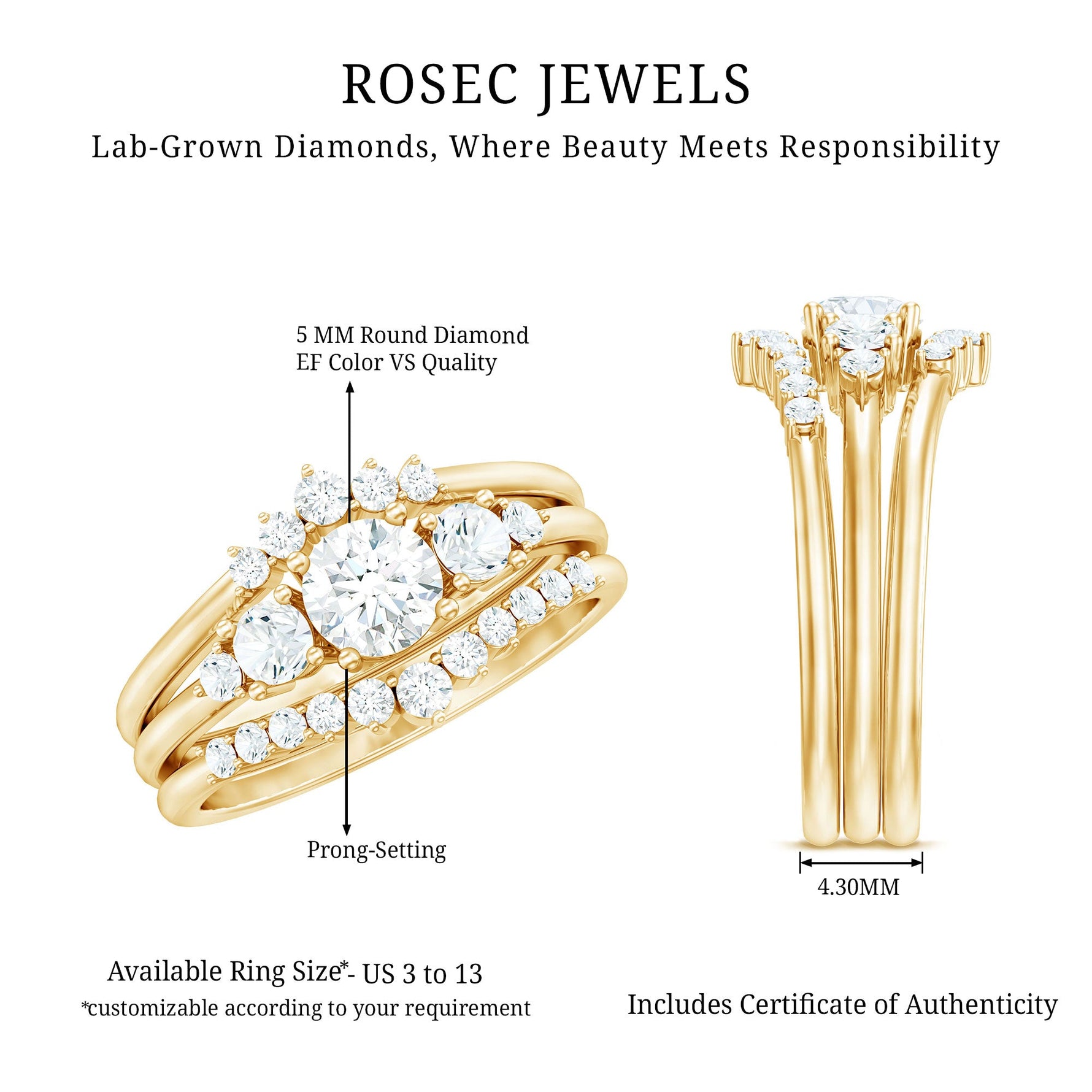 Lab Grown Diamond Trio Wedding Ring Set For Bride