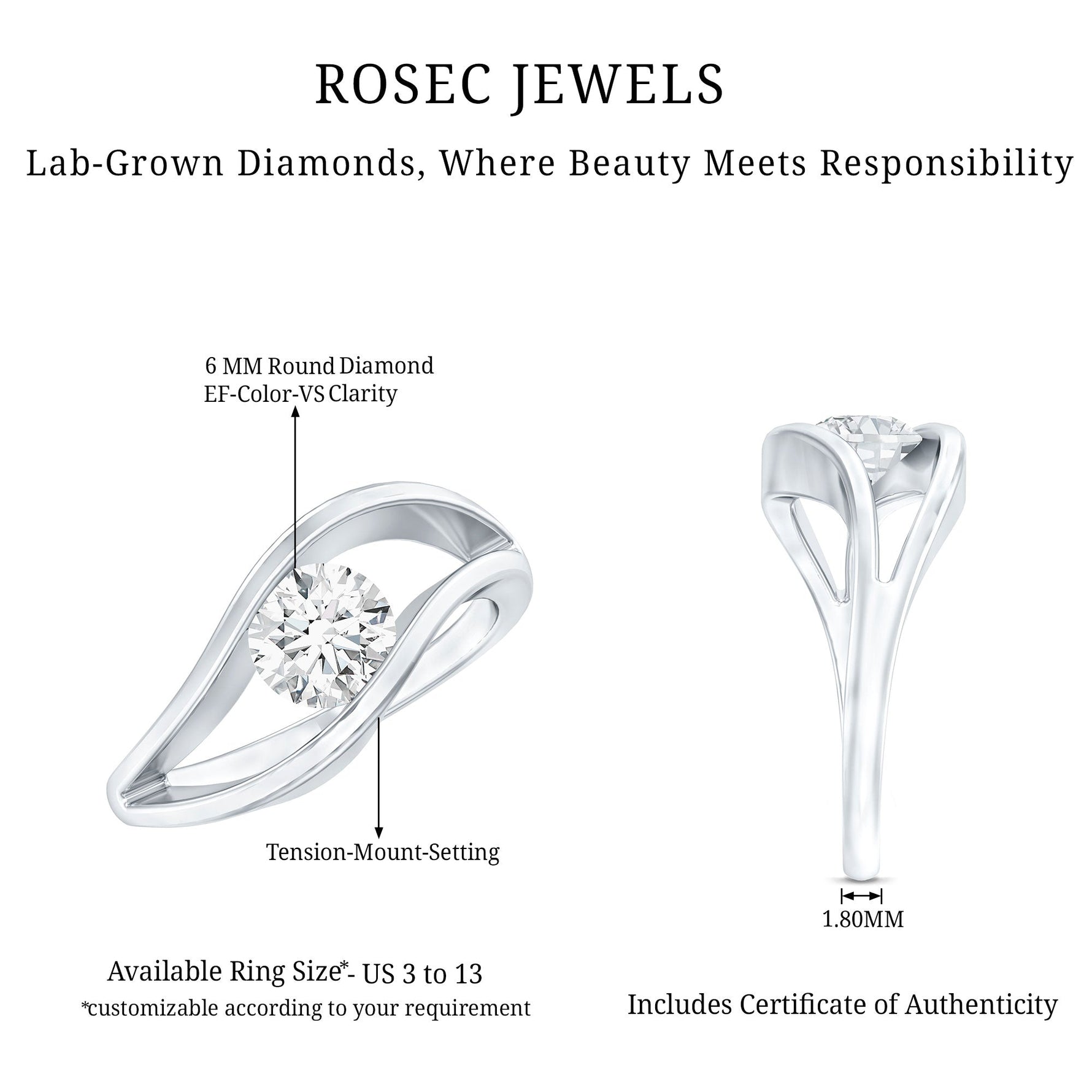 Certified 6 mm Lab Created Diamond Round Engagement Ring in Tension Setting