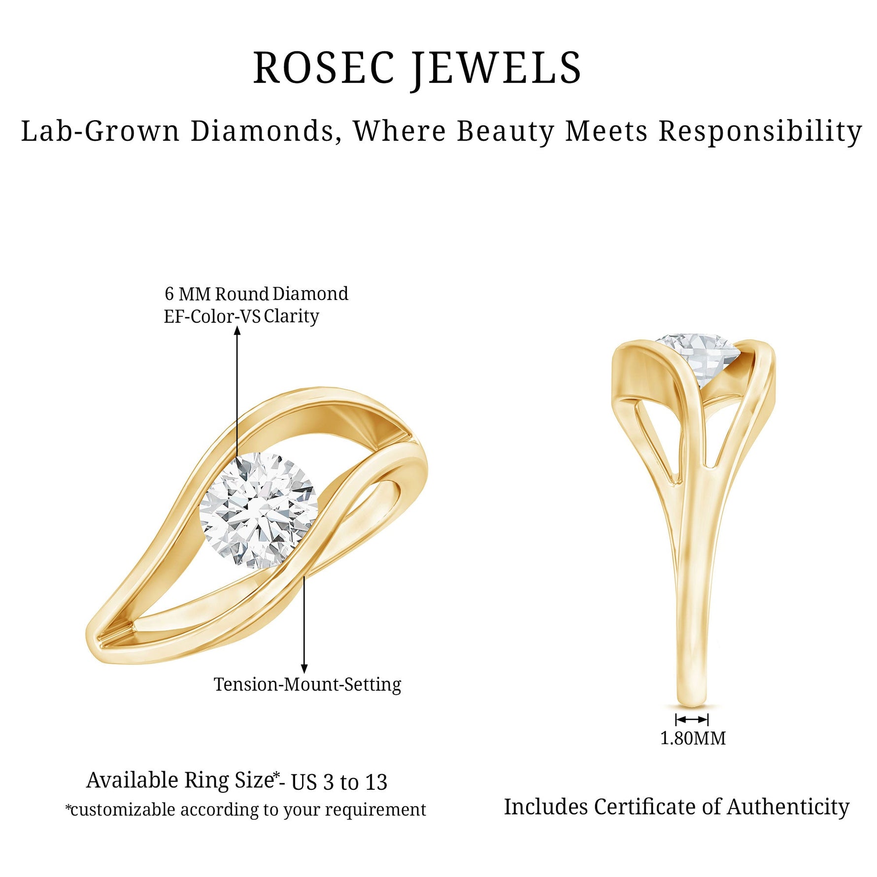 Certified 6 mm Lab Created Diamond Round Engagement Ring in Tension Setting