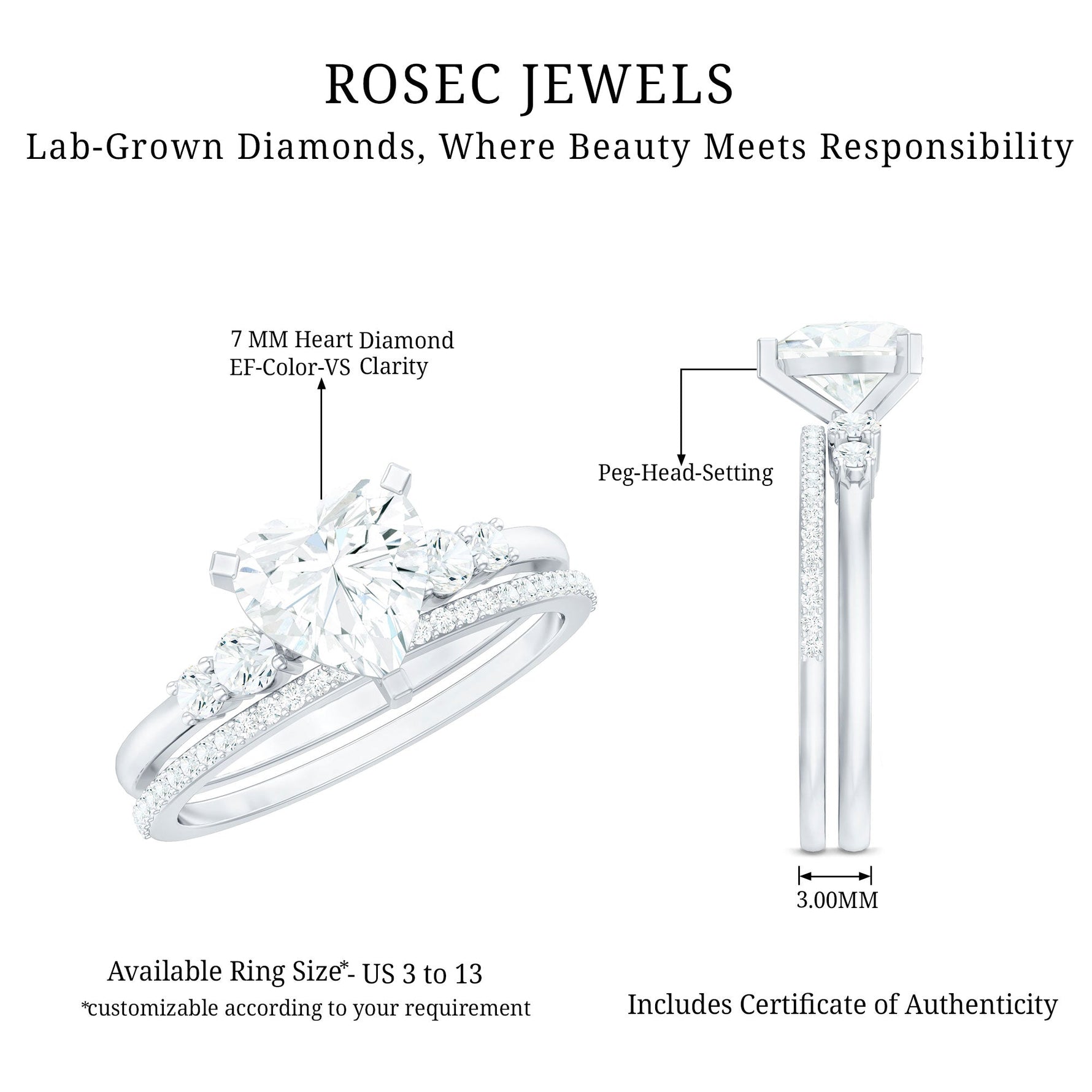 Certified Lab Grown Diamond 7MM Heart Bridal Ring Set