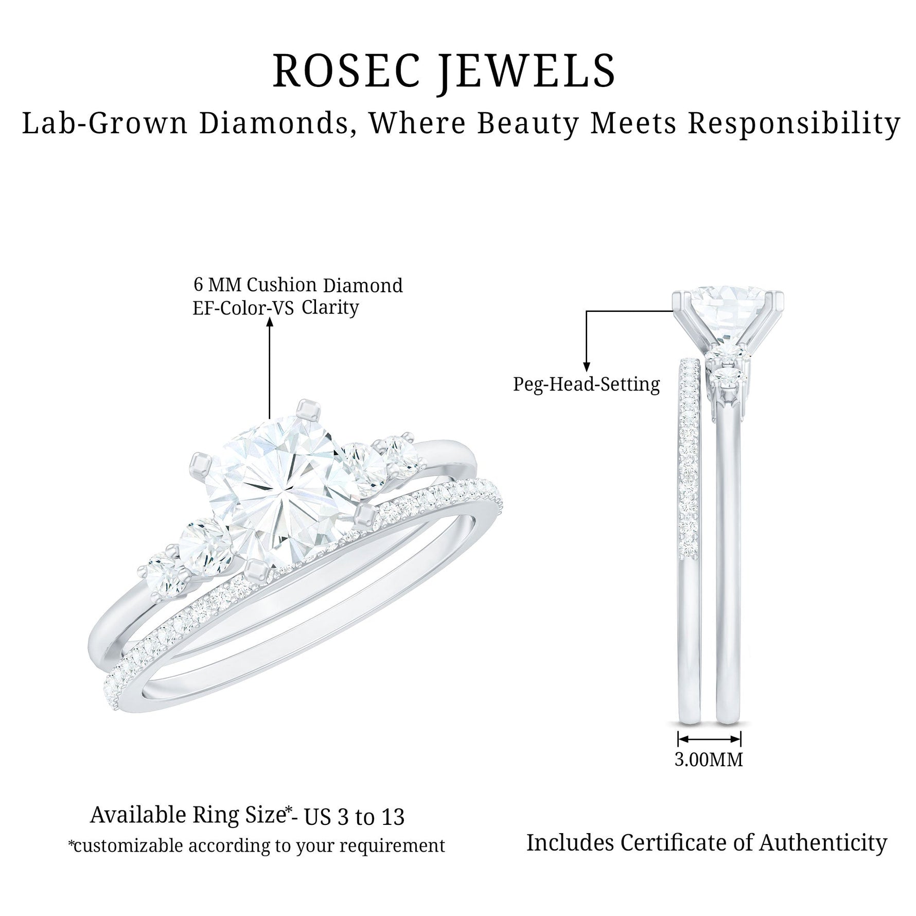 Lab Grown Diamond 6 MM Cushion Engagement Ring with Wedding band