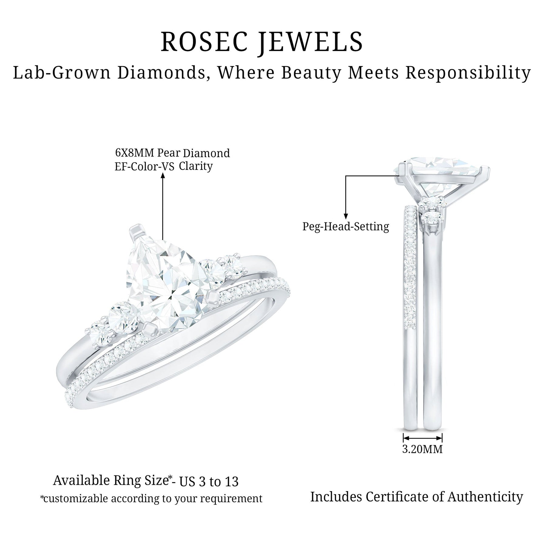 Certified Lab Grown Diamond 6X8 MM Teardrop Bridal Ring Set
