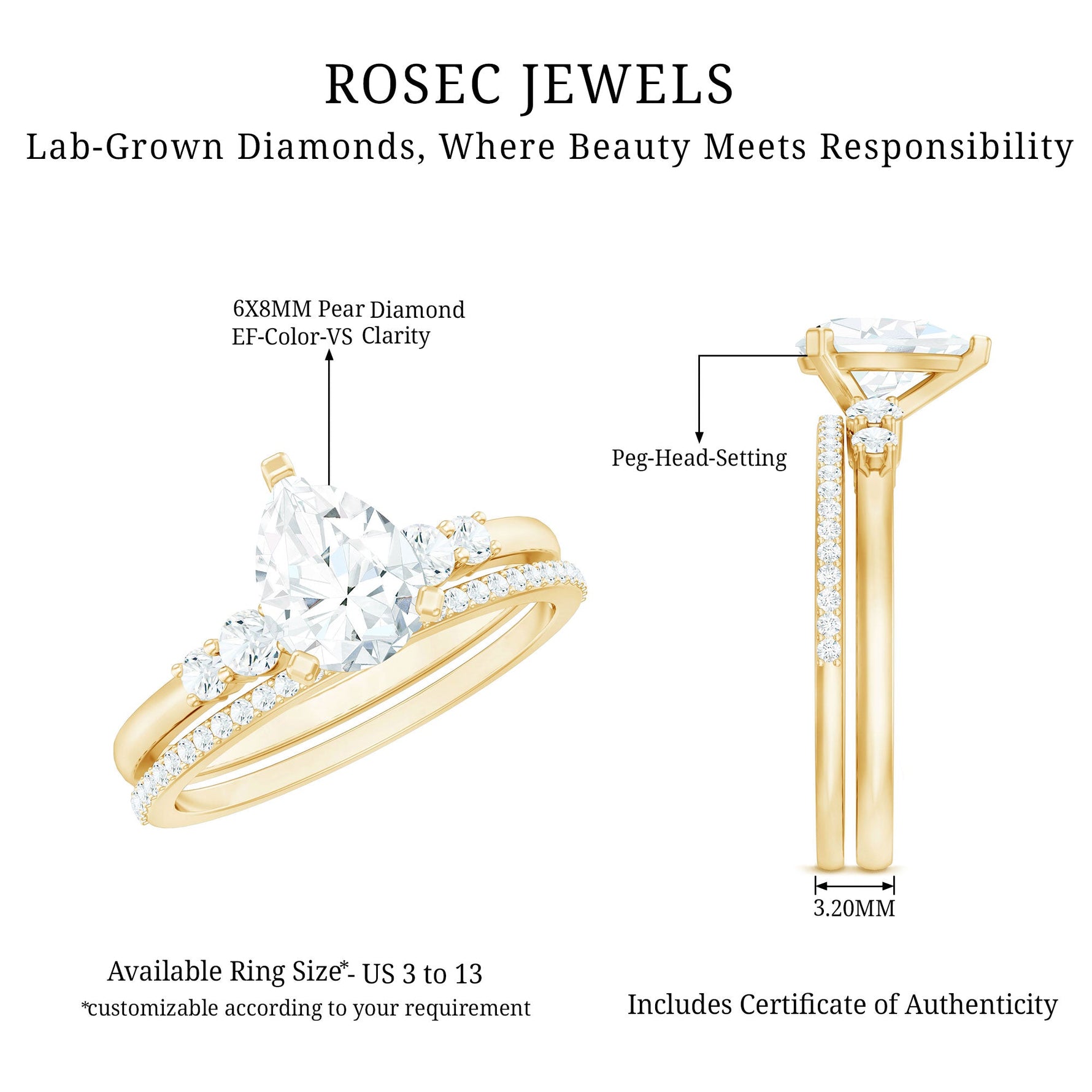 Certified Lab Grown Diamond 6X8 MM Teardrop Bridal Ring Set