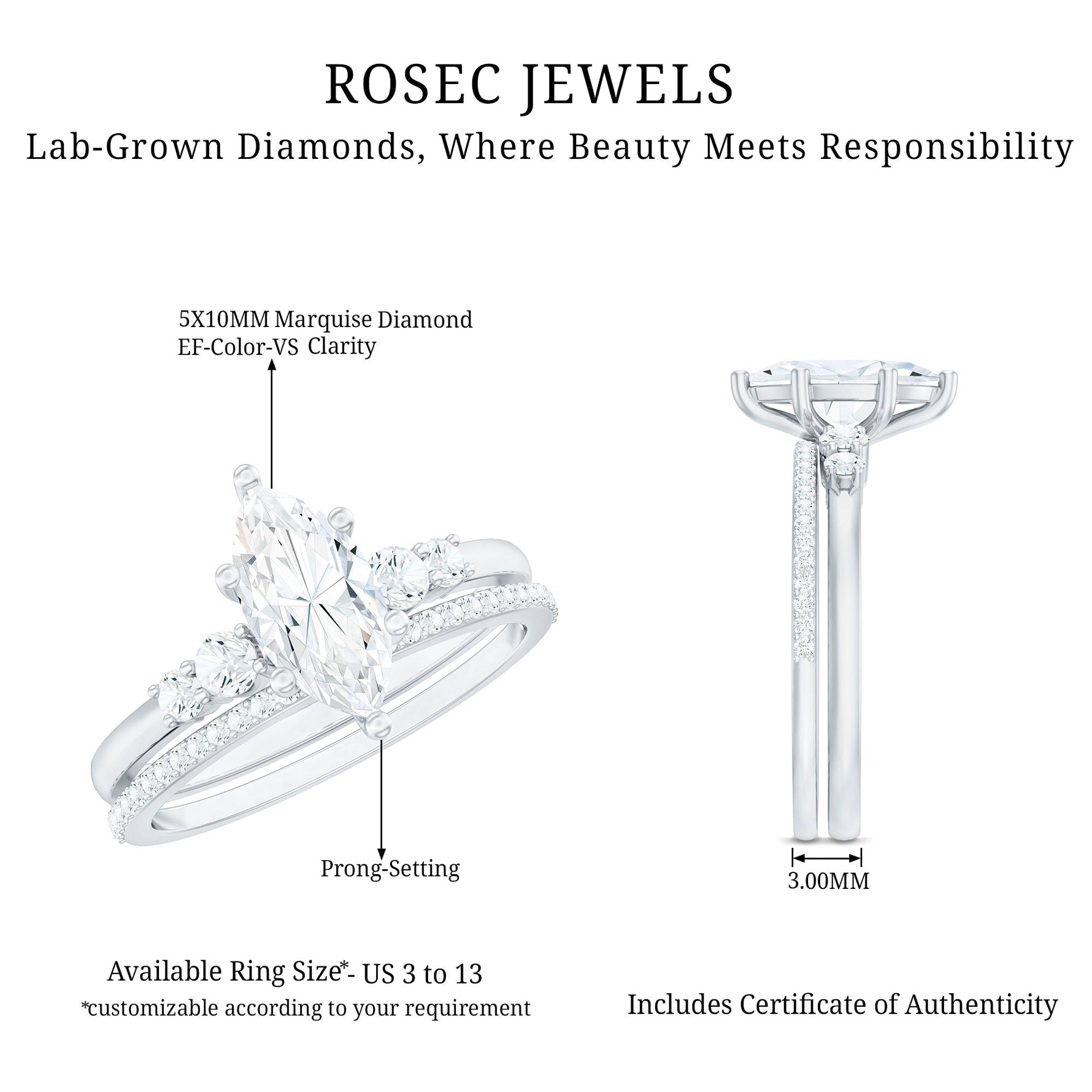 Lab Grown Diamond 5X10MM Marquise Engagement Ring with Wedding Band