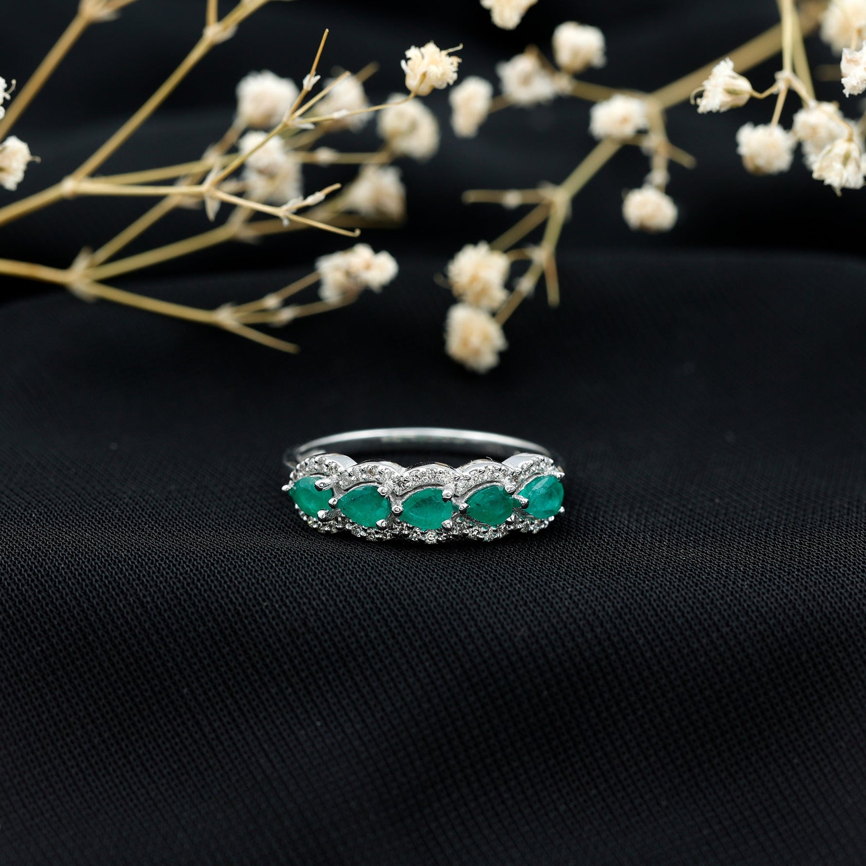 Pear Shape Emerald Anniversary Wedding Ring with Diamond Accent