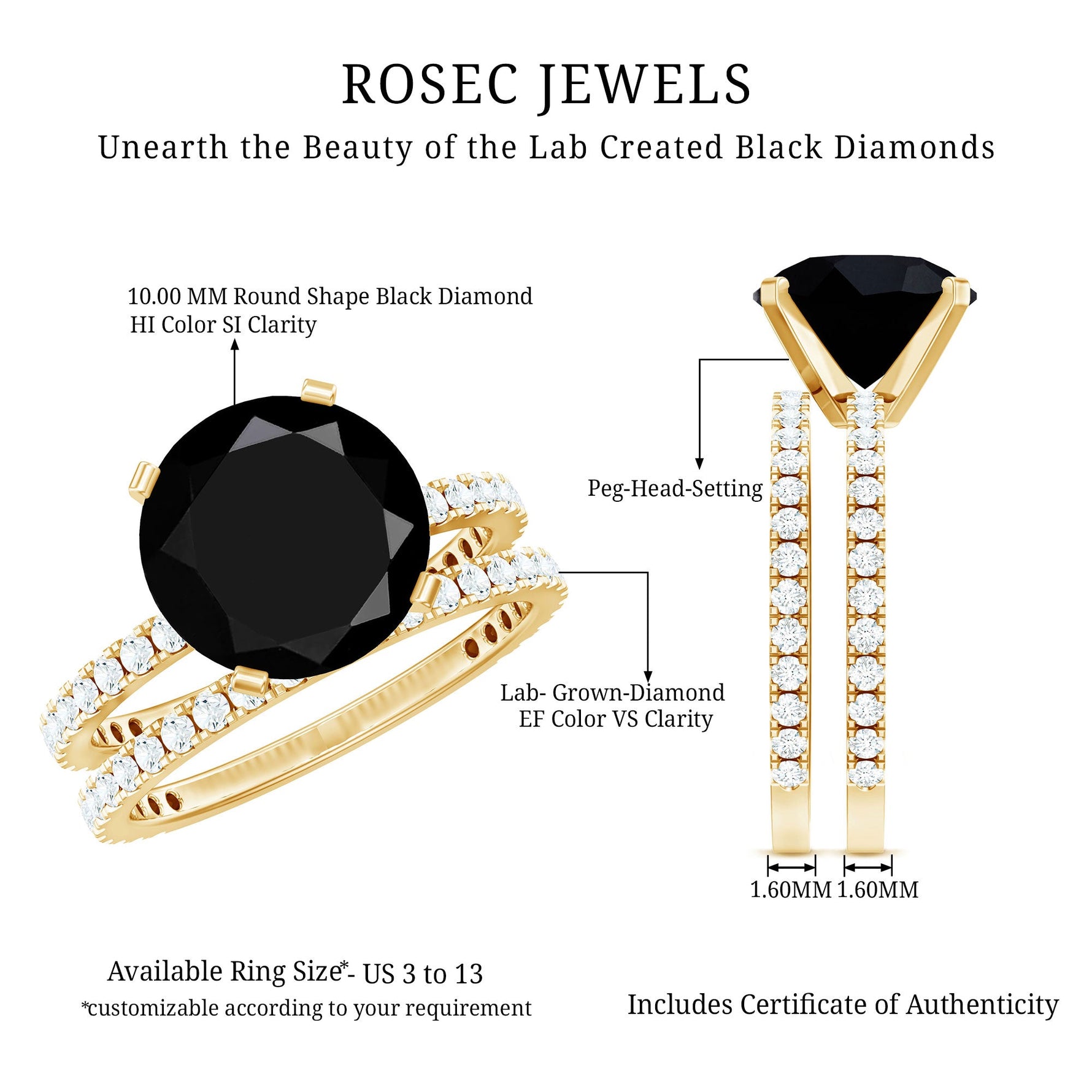 Certified Lab Grown Black and White Diamond Wedding Ring Set in Gold Plated Silver
