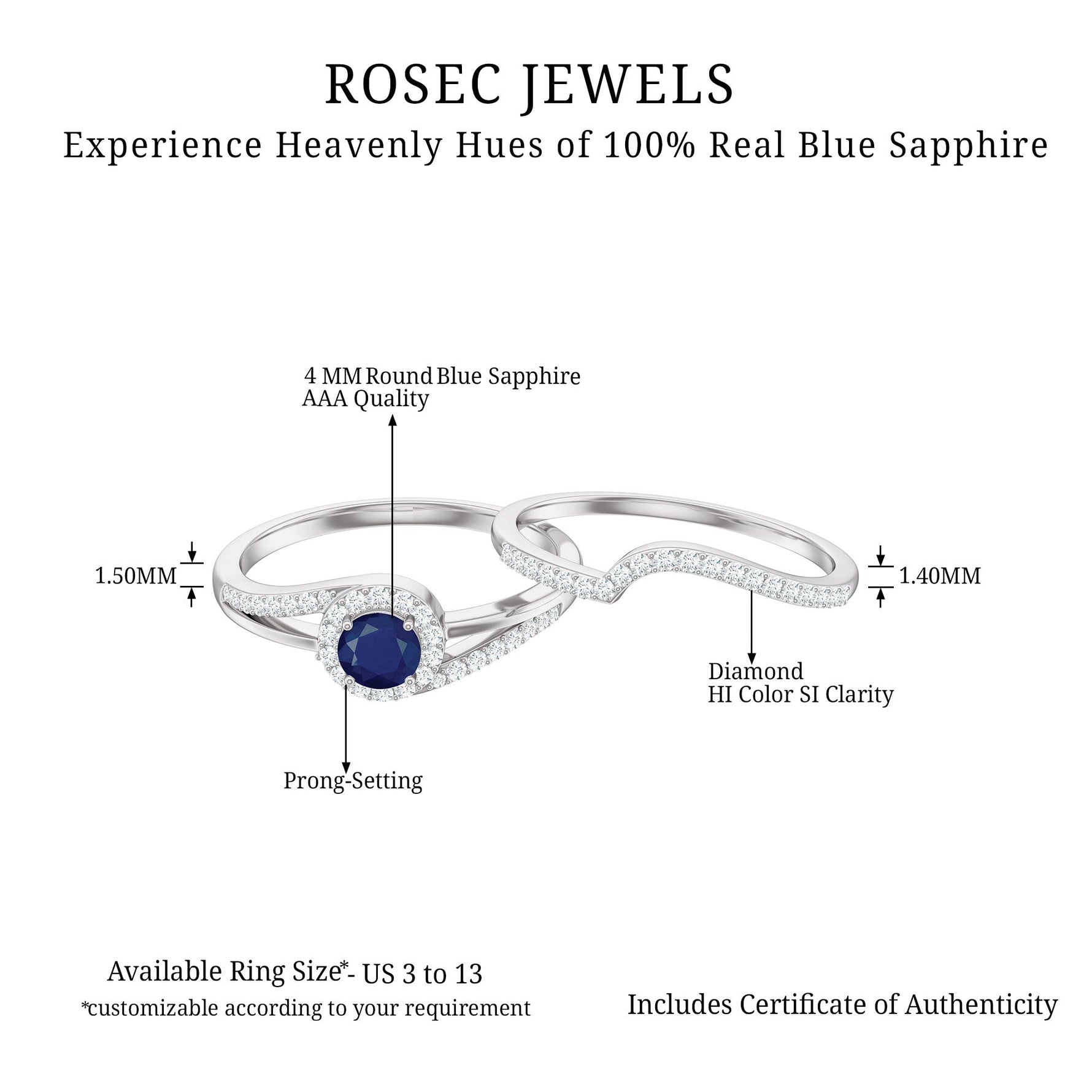 1 CT Bypass Blue Sapphire and Diamond Wedding Ring Set