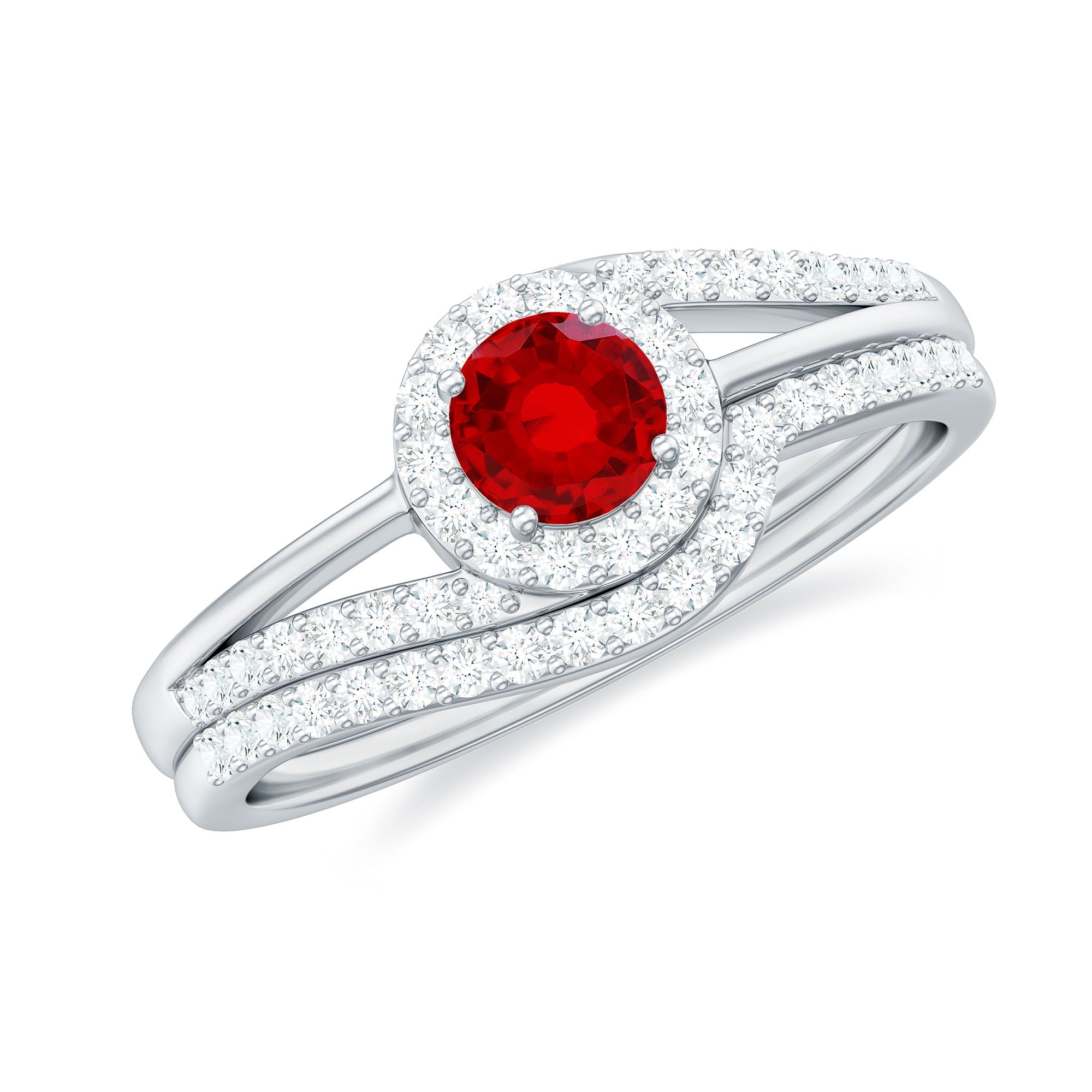 Certified Lab Ruby and Diamond Halo Wedding Ring Set