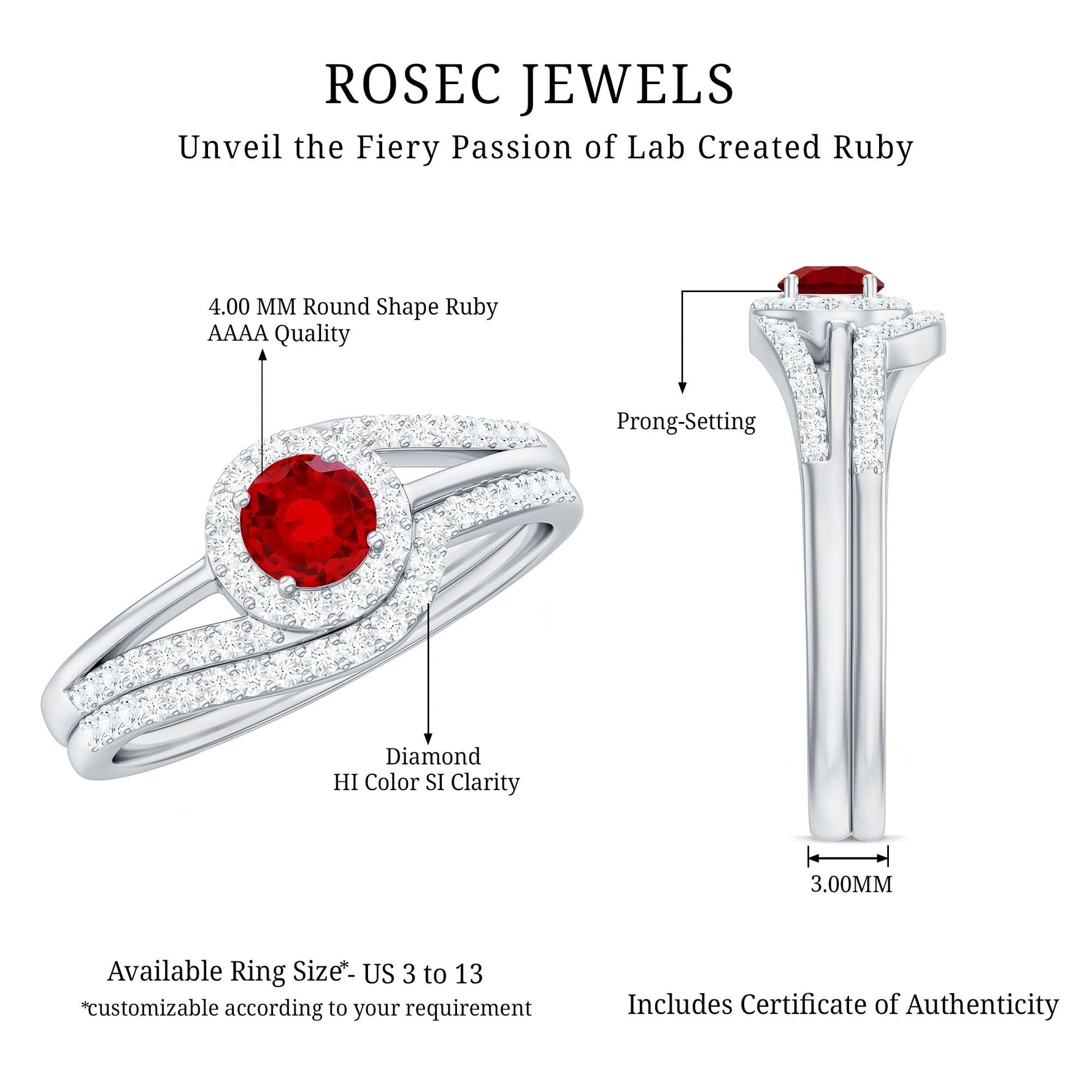 Certified Lab Ruby and Diamond Halo Wedding Ring Set