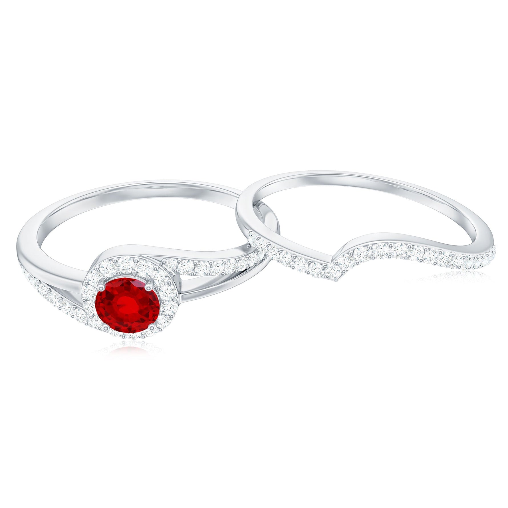 Certified Lab Ruby and Diamond Halo Wedding Ring Set