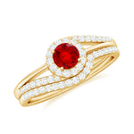 Certified Lab Ruby and Diamond Halo Wedding Ring Set