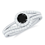Black Onyx Minimal Wedding Rings Set with Diamond Curved Band