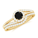 Black Onyx Minimal Wedding Rings Set with Diamond Curved Band