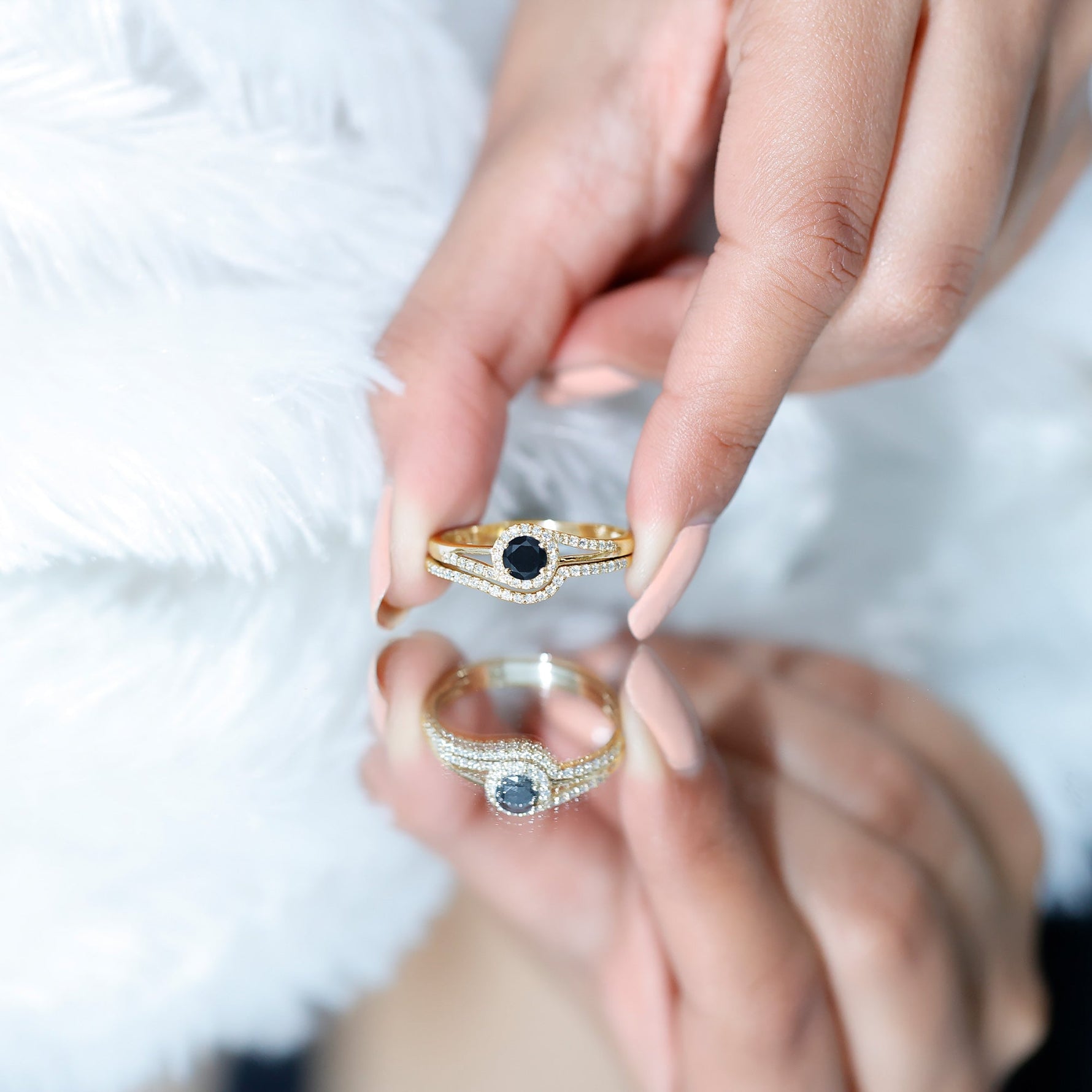 Black Onyx Minimal Wedding Rings Set with Diamond Curved Band