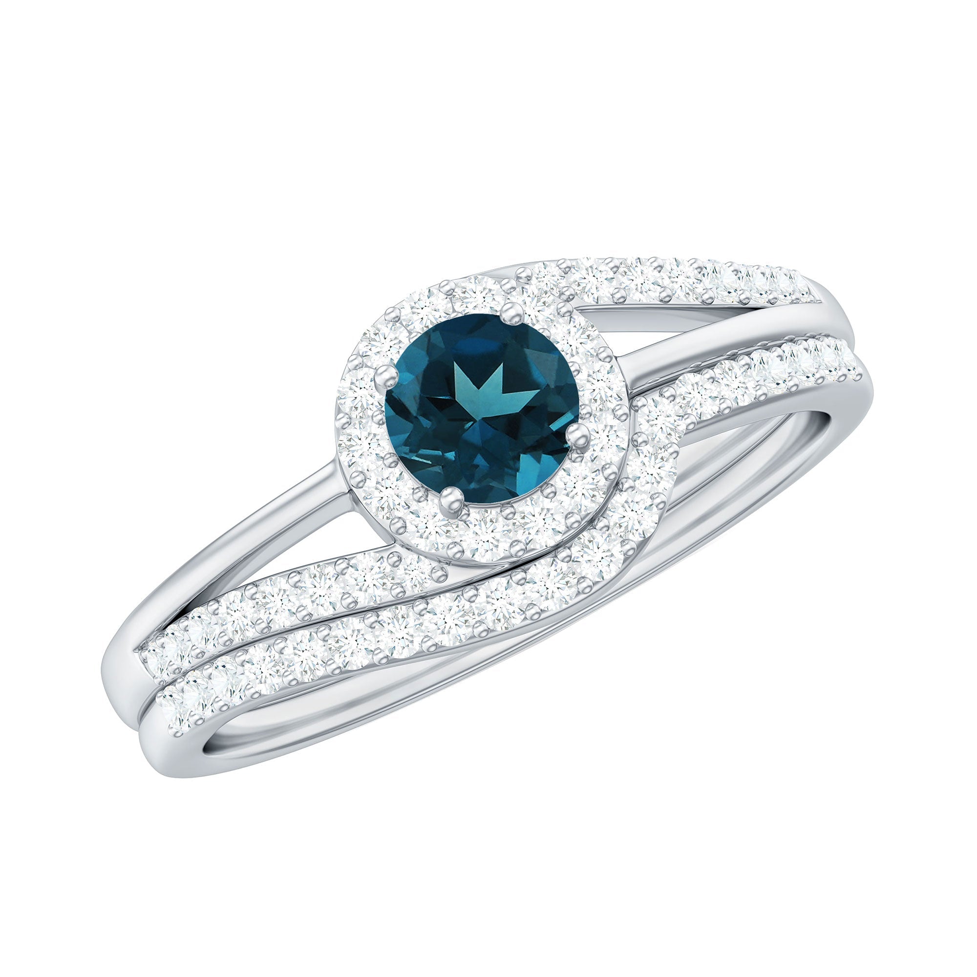 Certified London Blue Topaz and Diamond Halo Wedding Ring Set