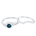 Certified London Blue Topaz and Diamond Halo Wedding Ring Set