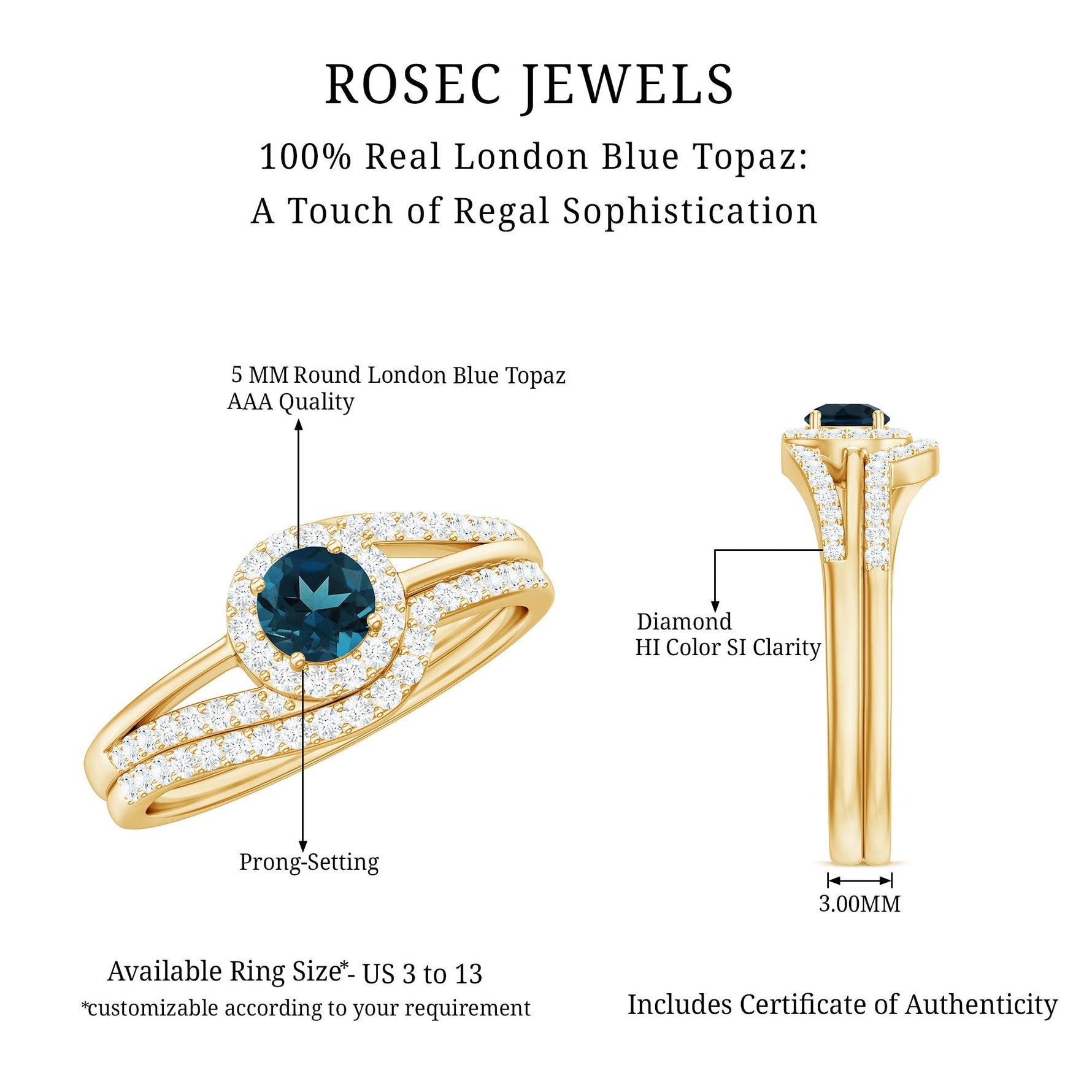 Certified London Blue Topaz and Diamond Halo Wedding Ring Set