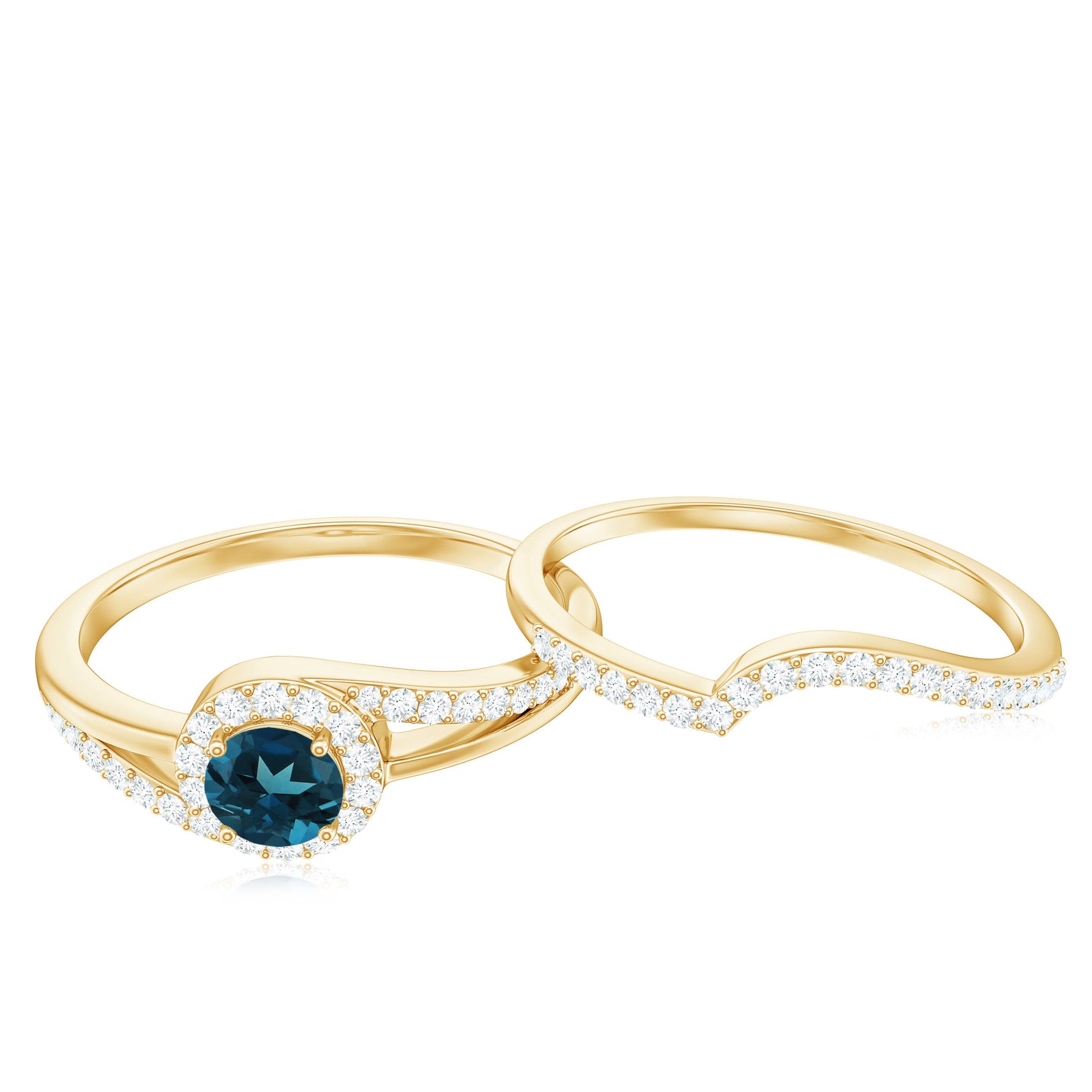Certified London Blue Topaz and Diamond Halo Wedding Ring Set