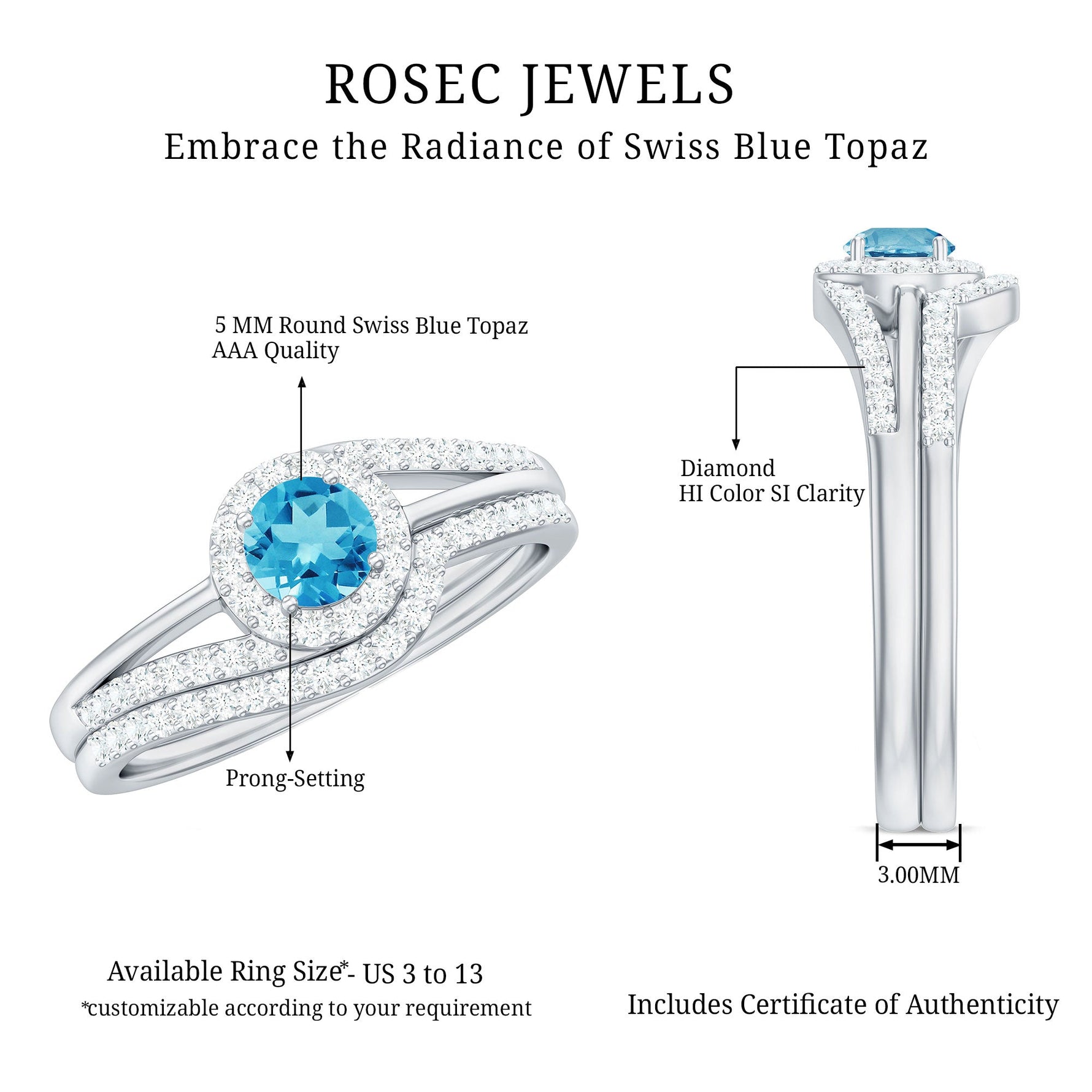 Swiss Blue Topaz Bypass Wedding Ring Set with Diamond Accent