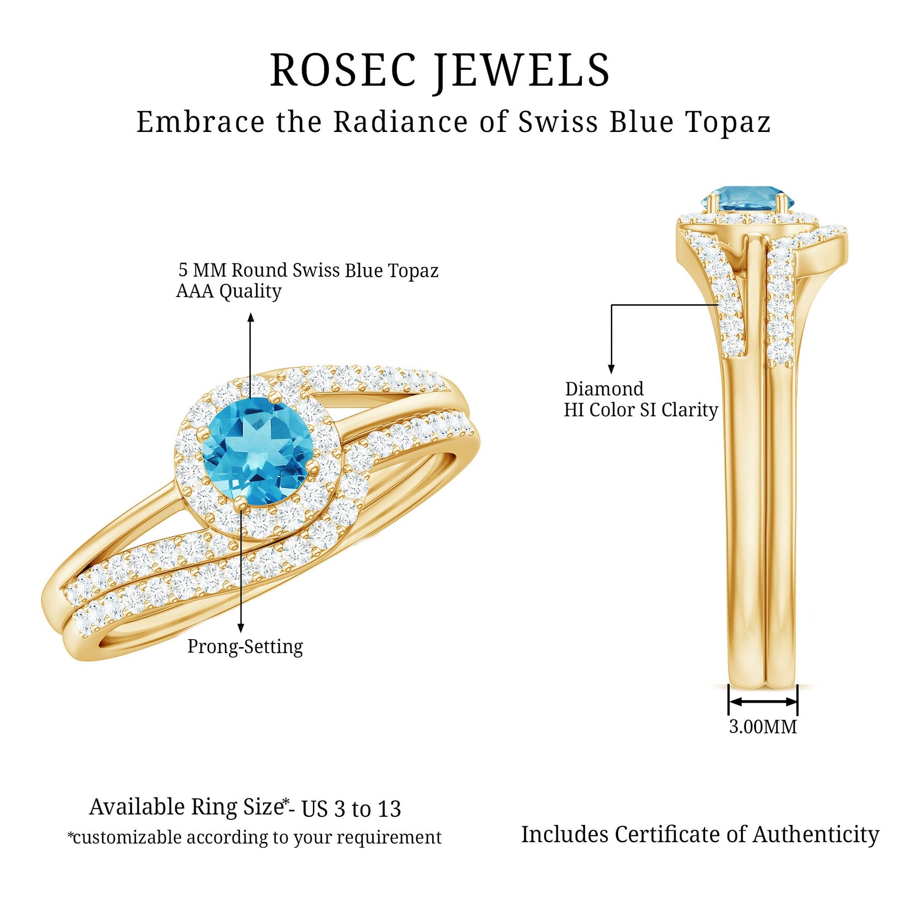 Swiss Blue Topaz Bypass Wedding Ring Set with Diamond Accent