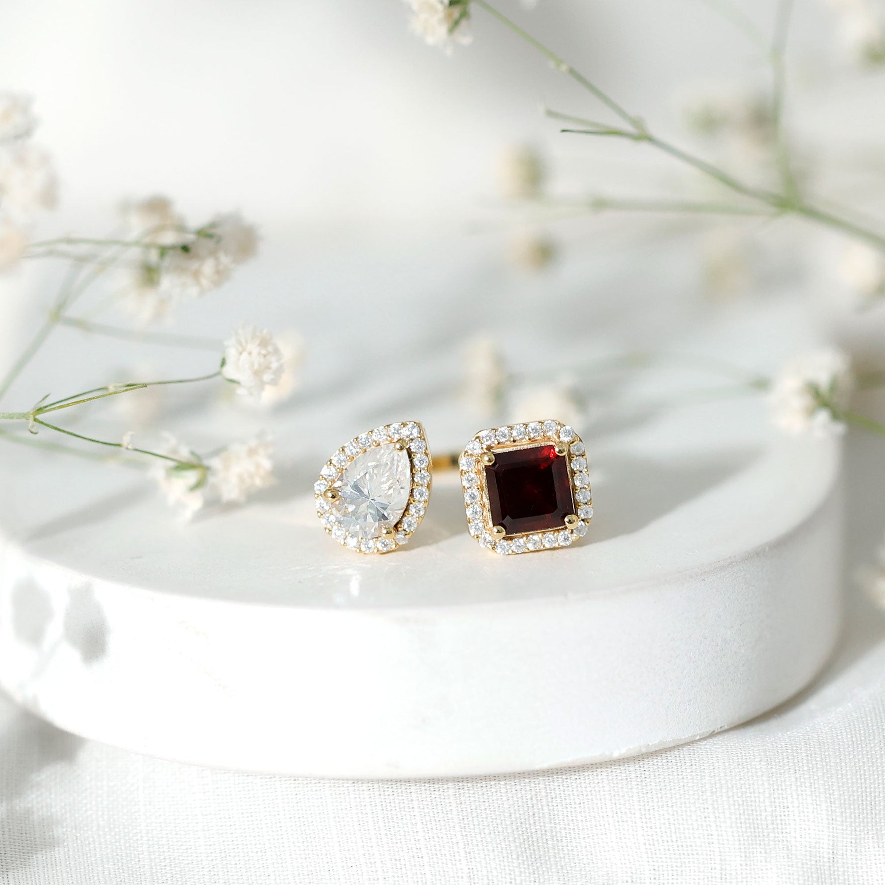 Natural Garnet Toi Et Moi Engagement Ring with Moissanite in Yellow Gold Plated Silver